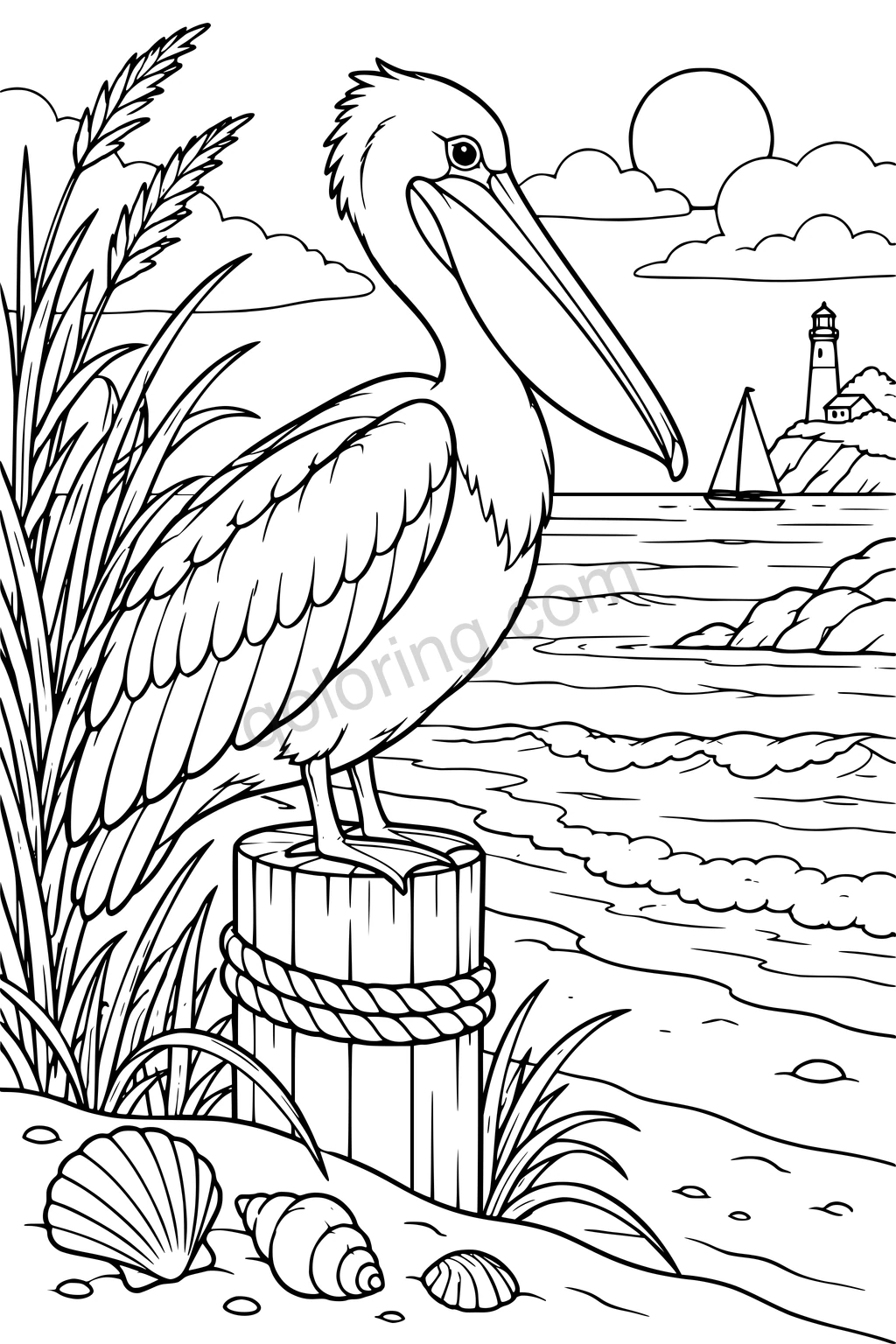 A pelican rests on a rope-wrapped post beside coastal reeds, with shells, a sailboat and a distant lighthouse.