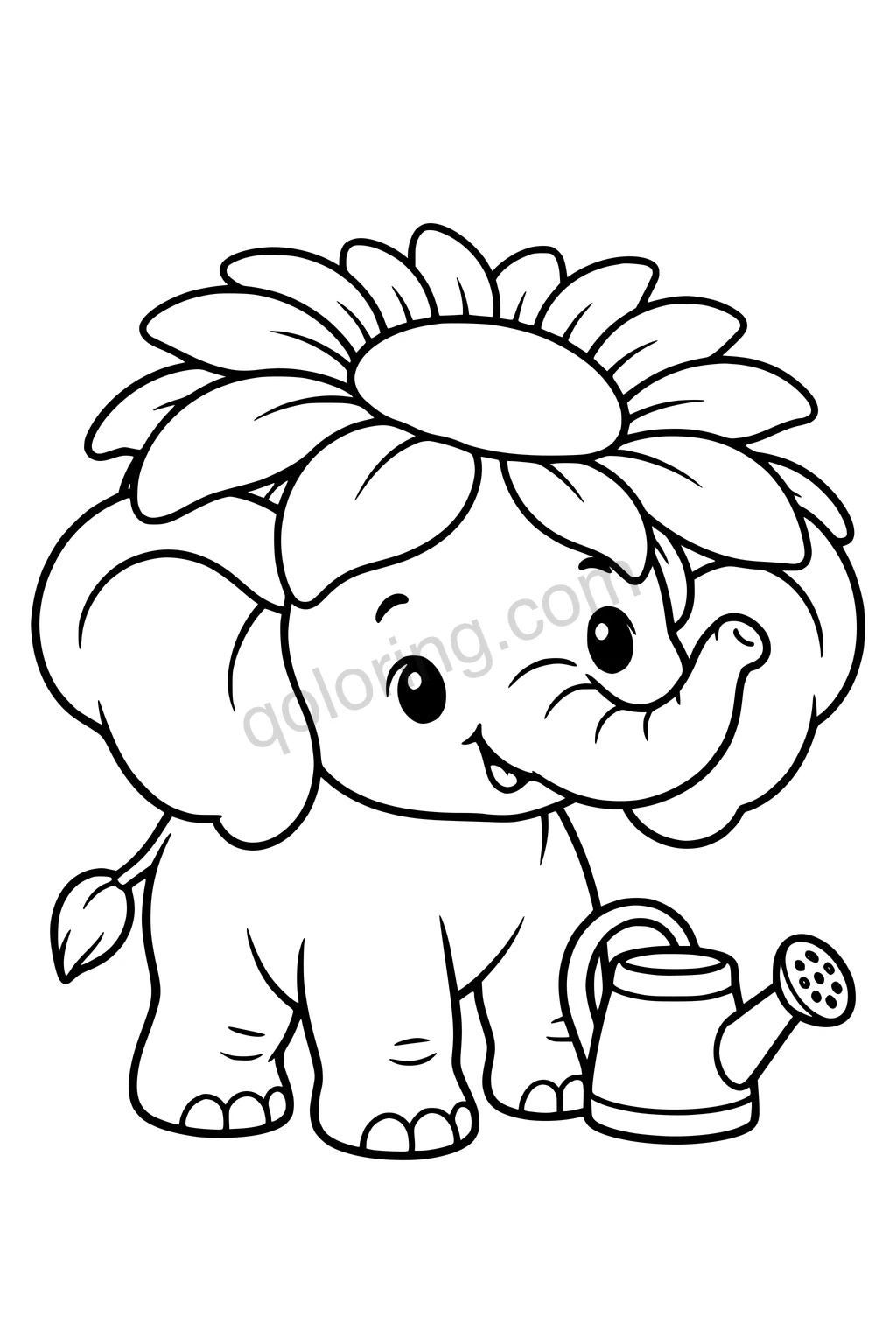 Black outline coloring page: Baby Elephant with a Sunflower Hat.