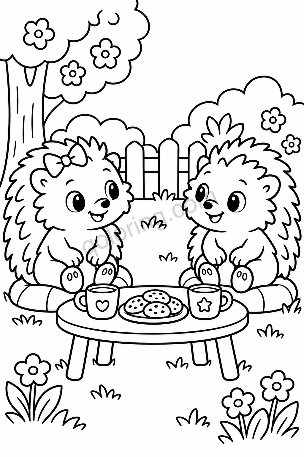 Two hedgehogs beside cups and cookies on a small garden table.