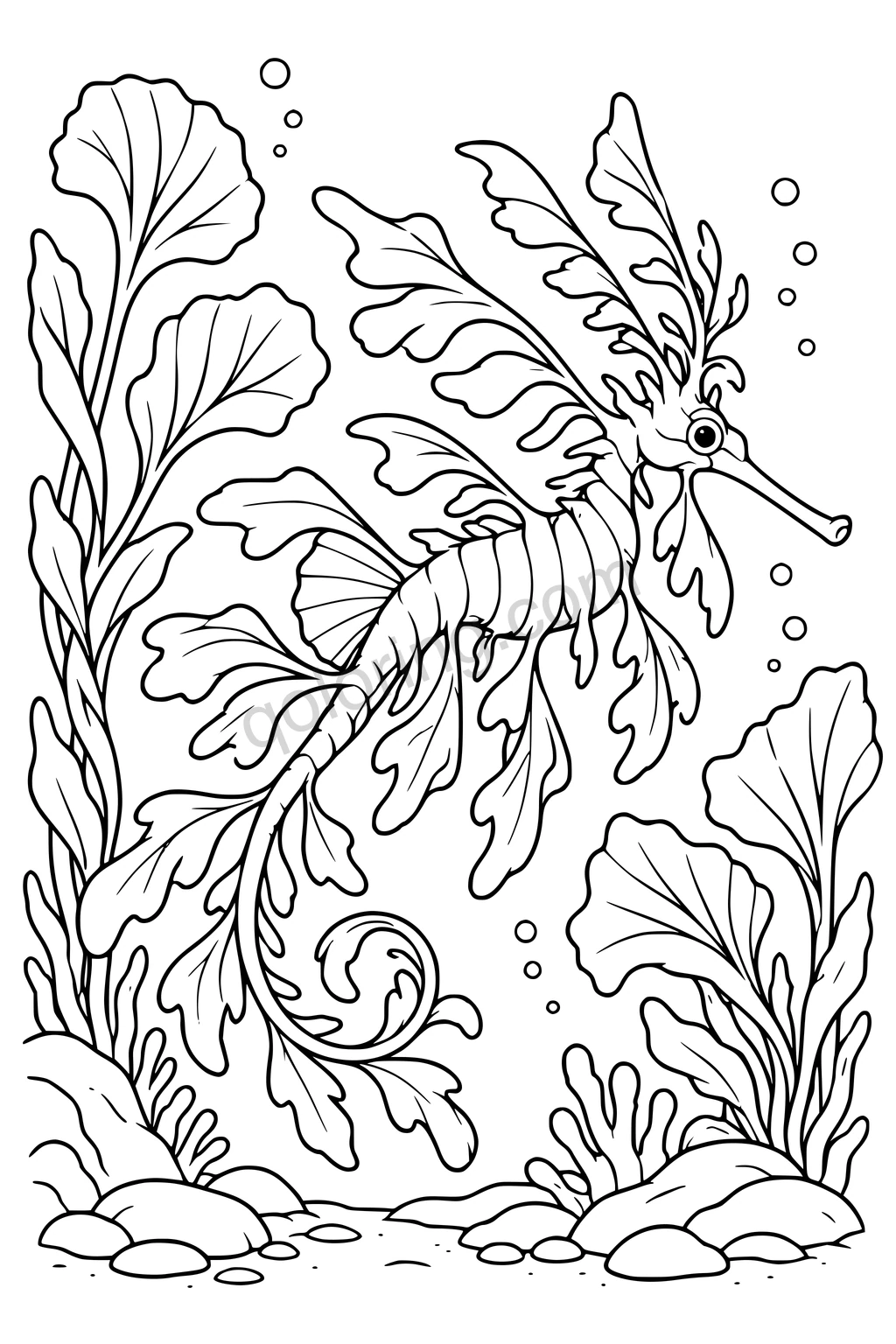 Black outline drawing of a leafy sea dragon among seaweed fans.