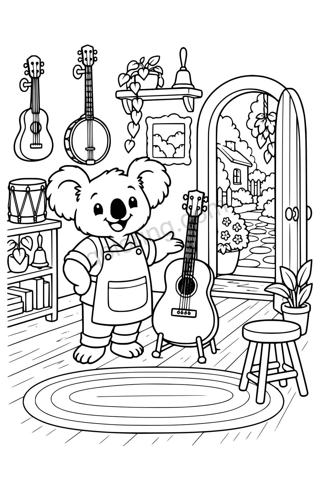 Koala in a music shop beside a guitar, with a banjo, drum, bells, and an open arched doorway.