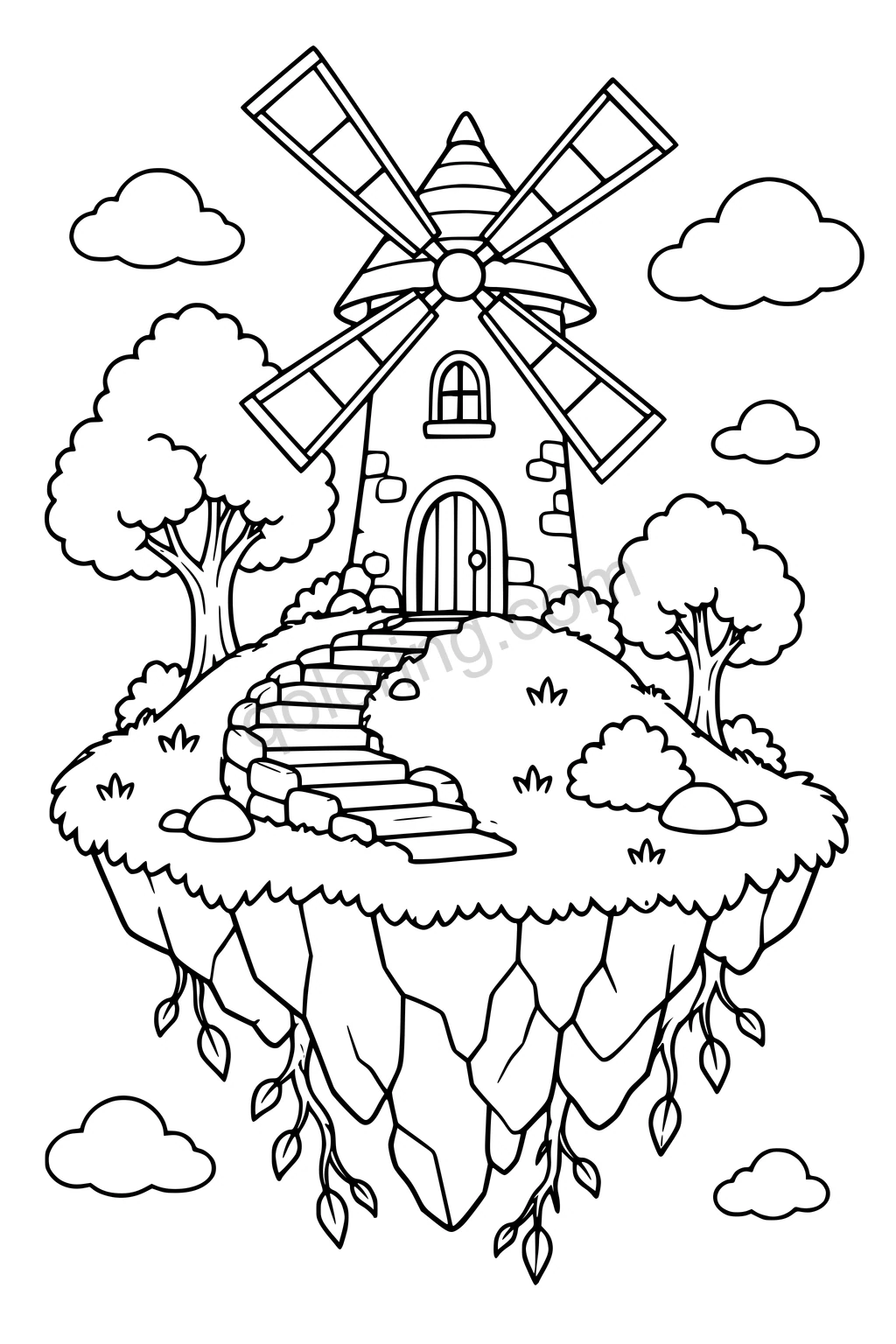 Black outline drawing of a windmill on a floating island with stairs, trees, dangling vines, and clouds.
