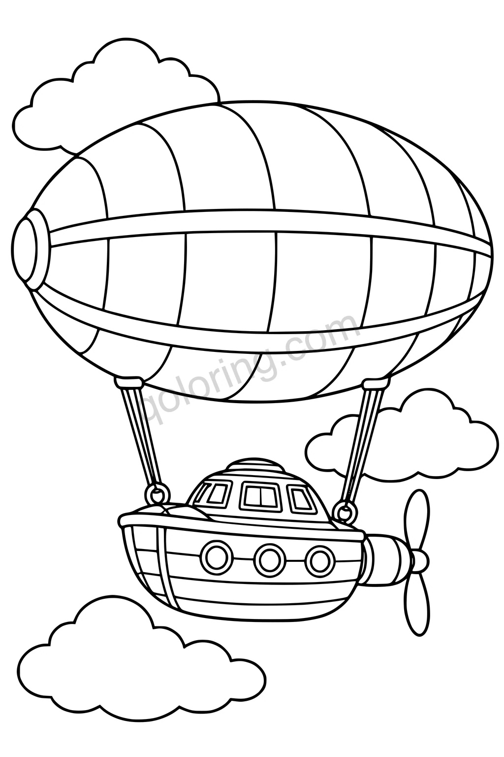 Black outline drawing of a balloon airship with a suspended cabin, portholes, tethers, propeller, and clouds.