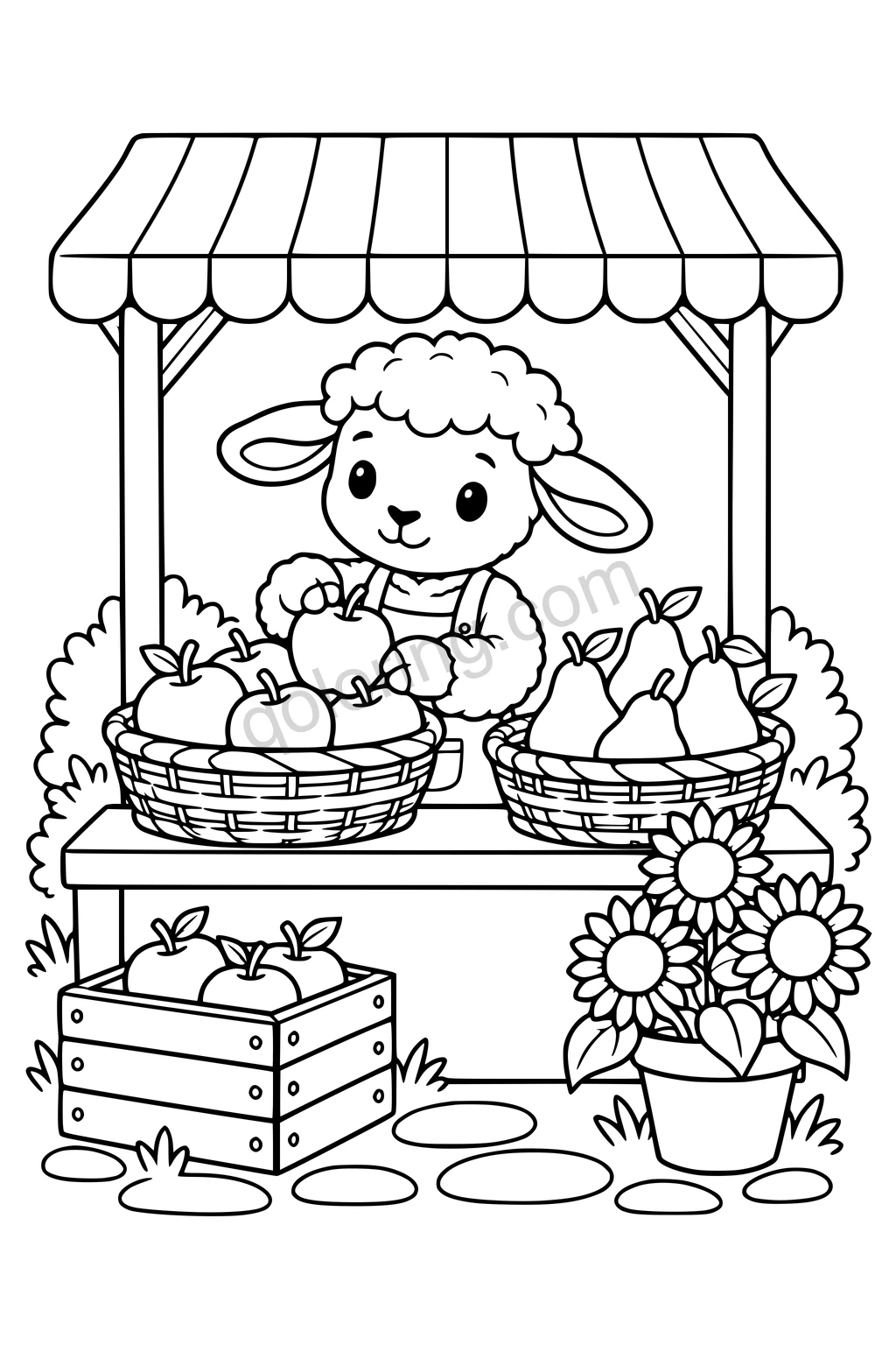 Lamb at a fruit stall with baskets of apples and pears, a wooden crate, and potted sunflowers.