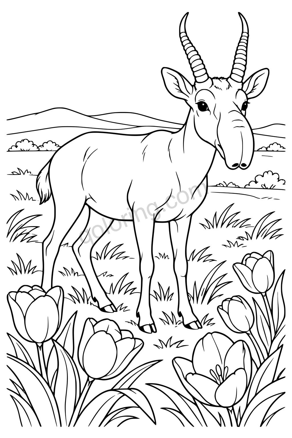 Black outline drawing of a saiga on the flowering steppe.