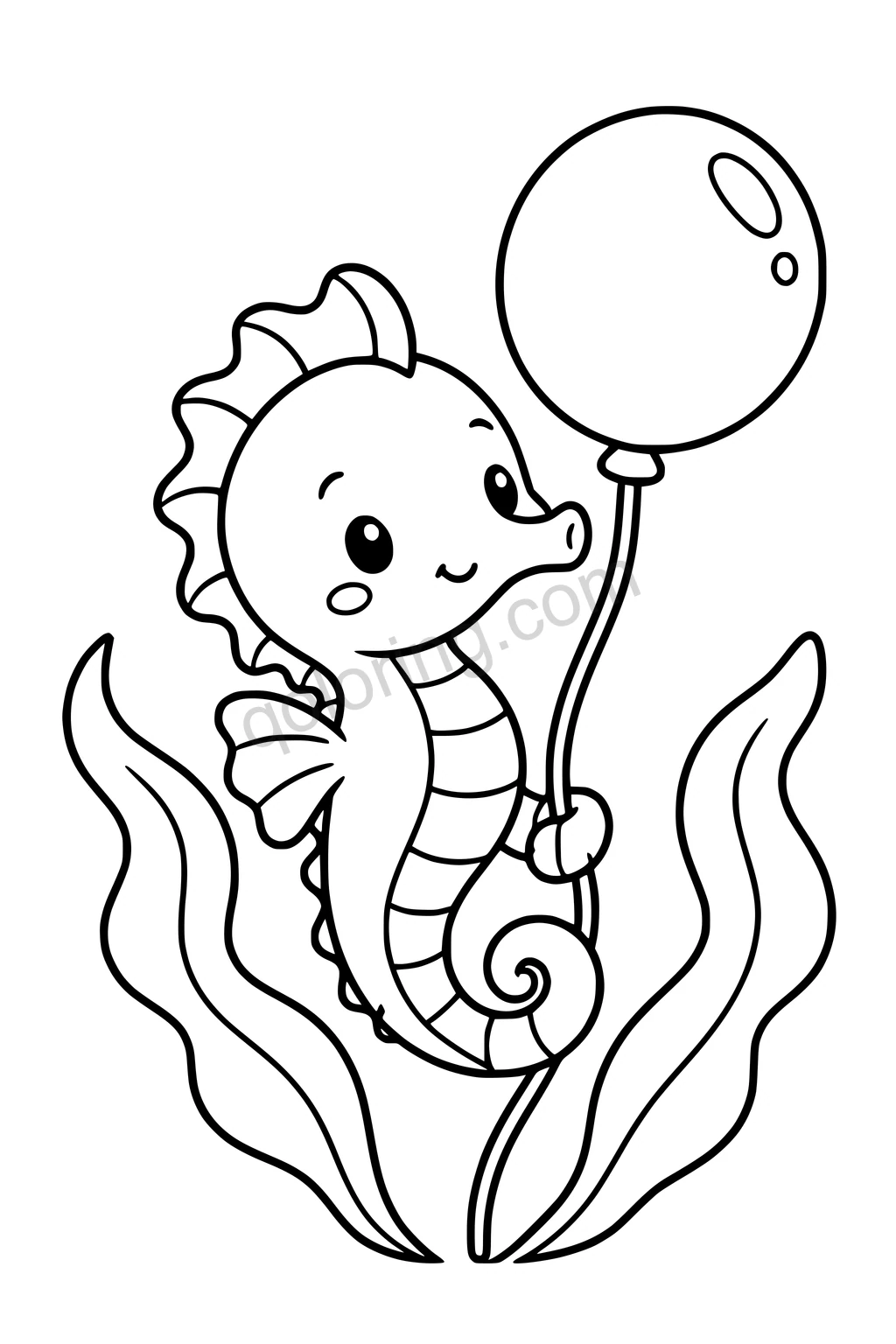 Black outline coloring page: Seahorse with a Pearl Balloon.