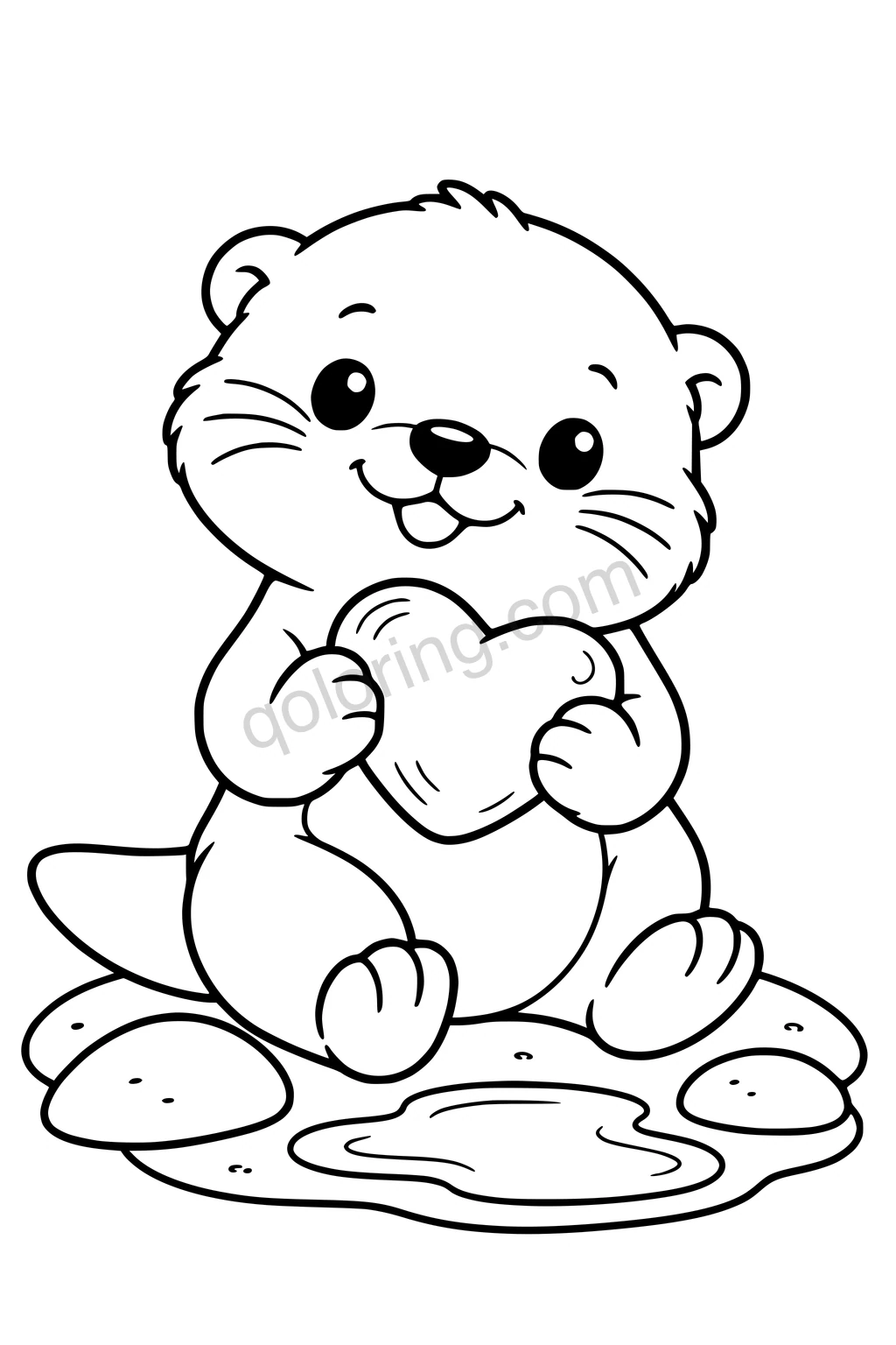 Black outline coloring page: Baby Otter and the Heart Pebble.
