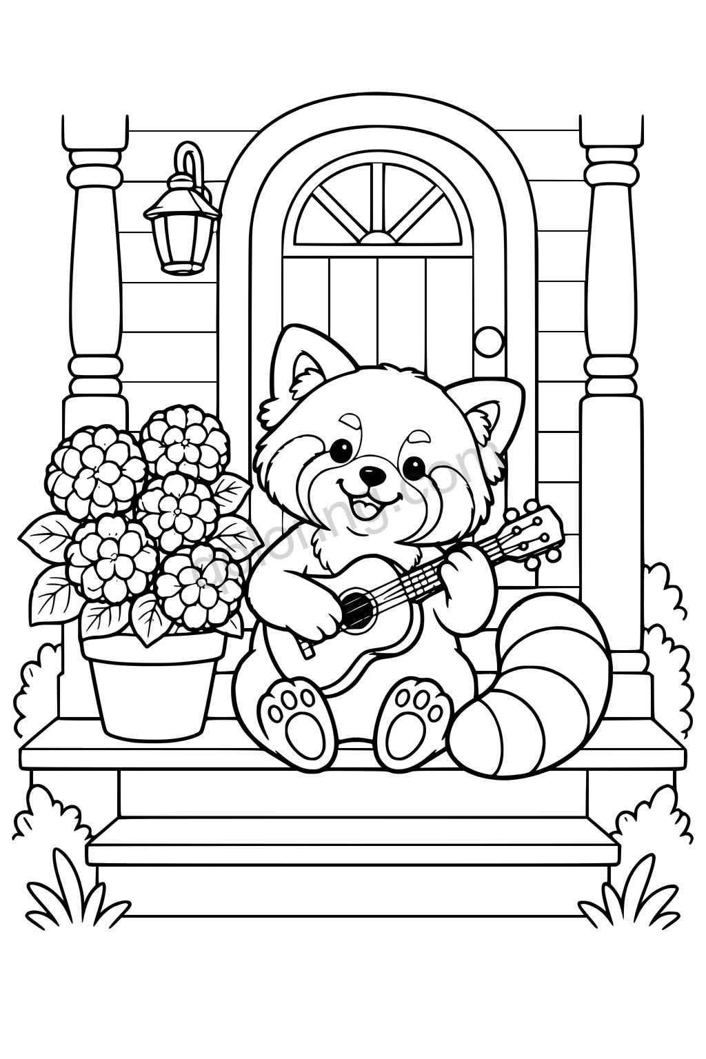 Red panda playing a ukulele on porch steps beside a flower pot, arched door, and lantern.