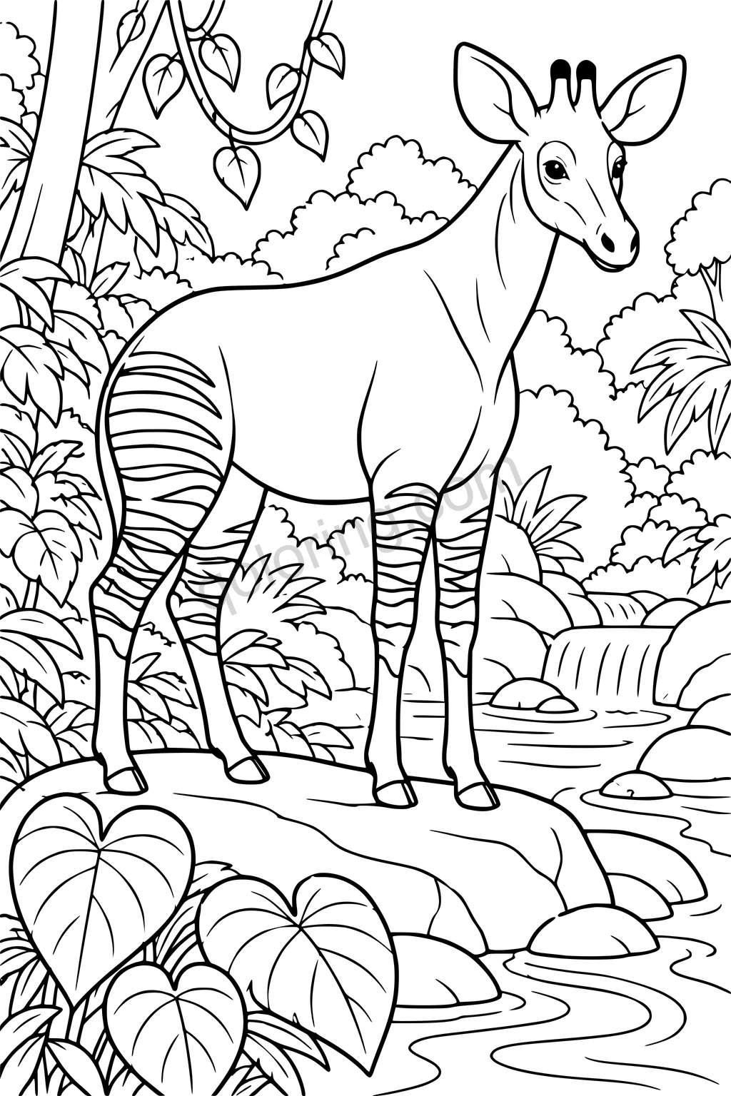 Black outline drawing of an okapi at a rainforest stream.