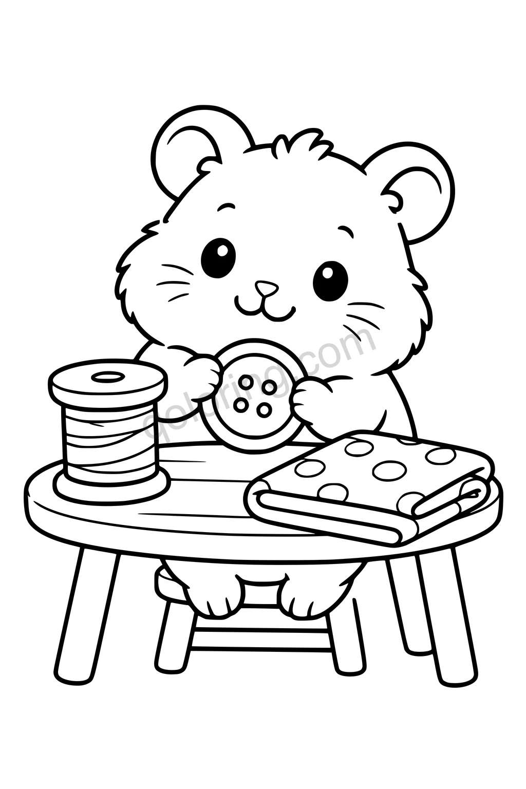 Black outline coloring page: Hamster's Button Sewing Nook.