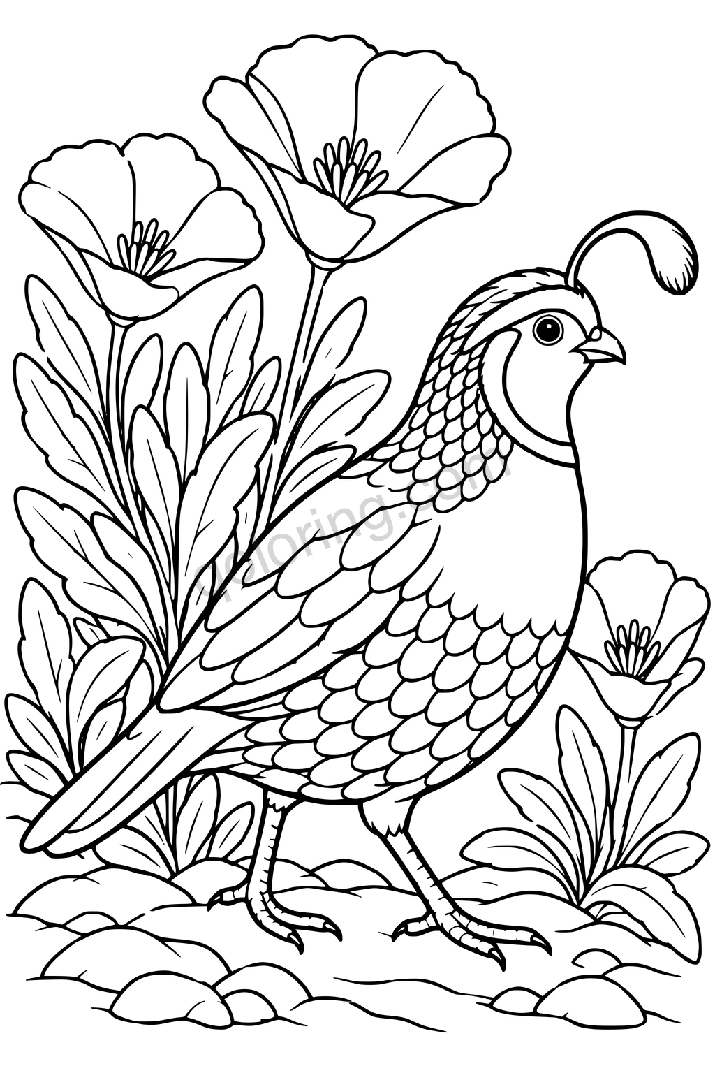 A crested quail walks between broad leaves, three open flowers and smooth stones.