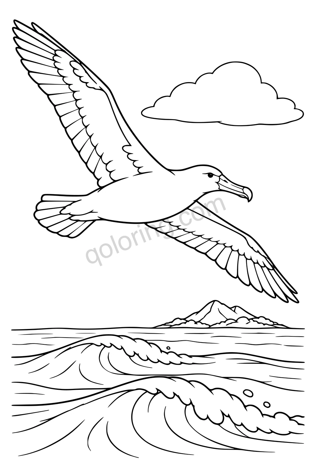 Black outline drawing of an albatross over ocean swells.