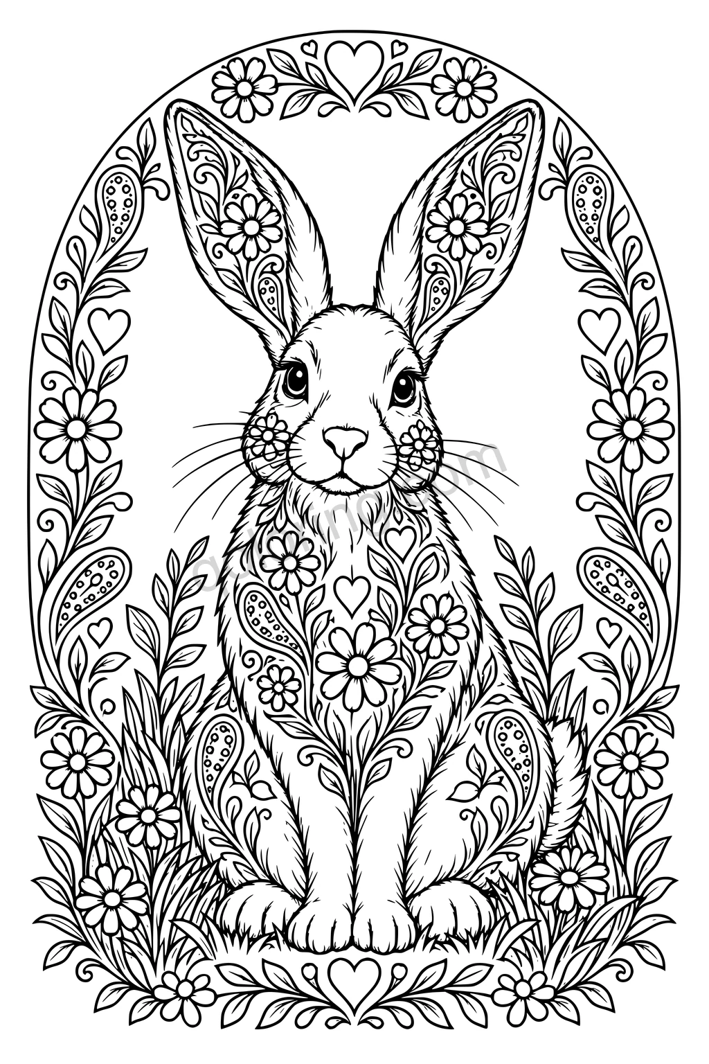 A hare with long patterned ears and floral markings sits inside an oval border of flowers, leaves and hearts.