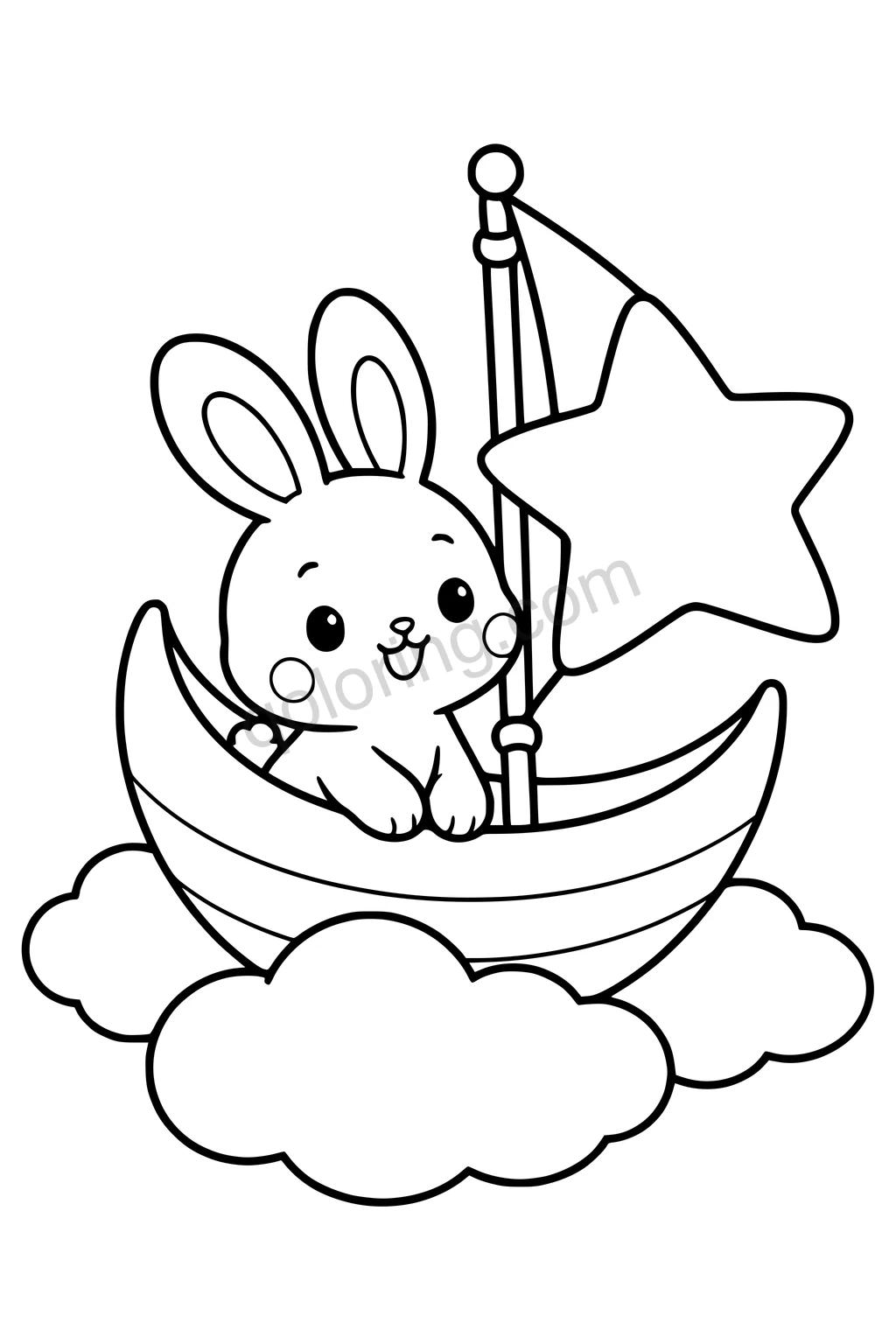 Black outline coloring page: Moon Bunny with a Star Sail.