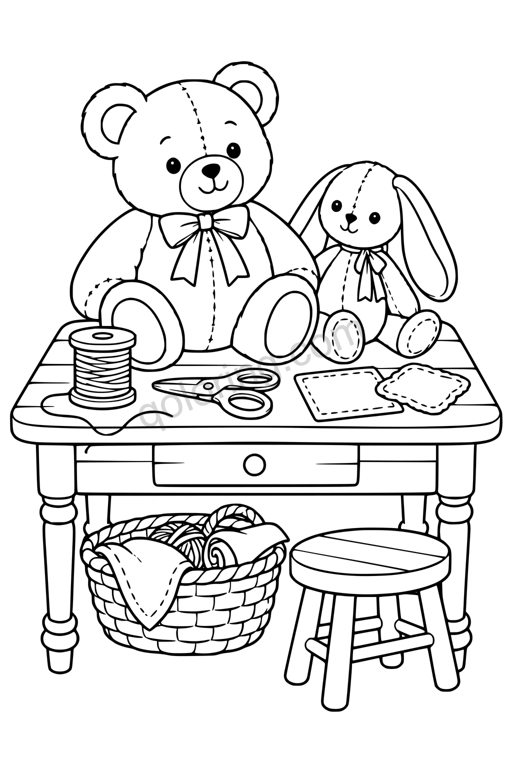 Black outline drawing of a cozy empty repair table with one large teddy bear, a cloth rabbit, a broad spool, blunt scissors and two large cloth patches, with a low basket underneath.