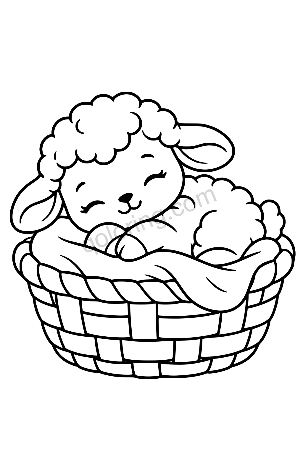 Black outline coloring page: Lamb in a Cloud Basket.
