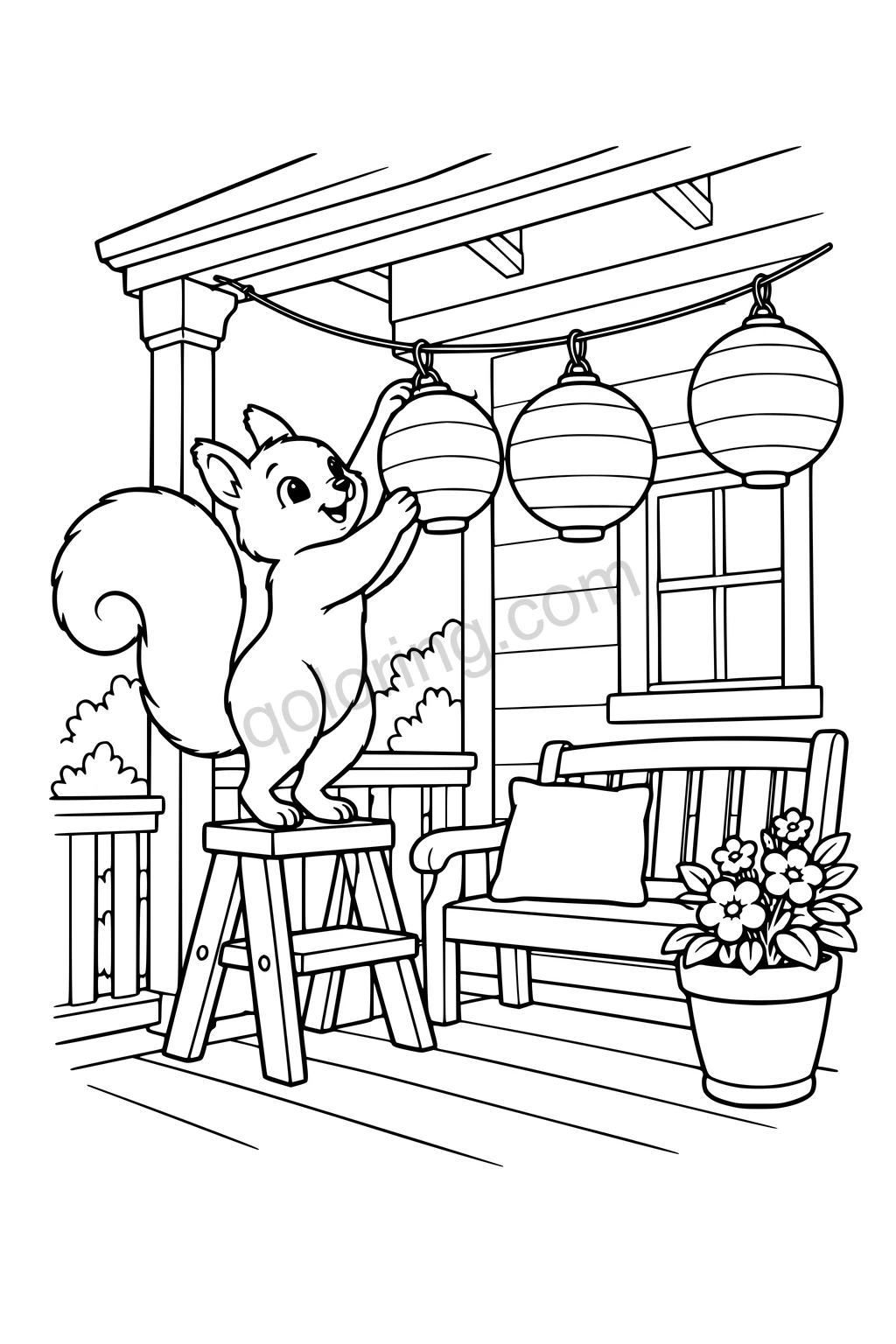 Black outline drawing of a squirrel standing on a sturdy low step hanging three large round paper lanterns across a porch, with a broad bench and one flower pot; no dense lantern ribs.