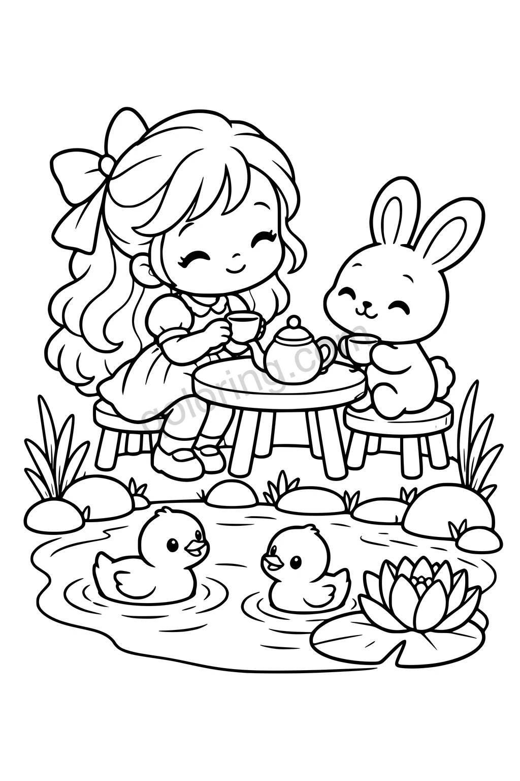 Black outline coloring page: Duckling Pond Tea Nook.