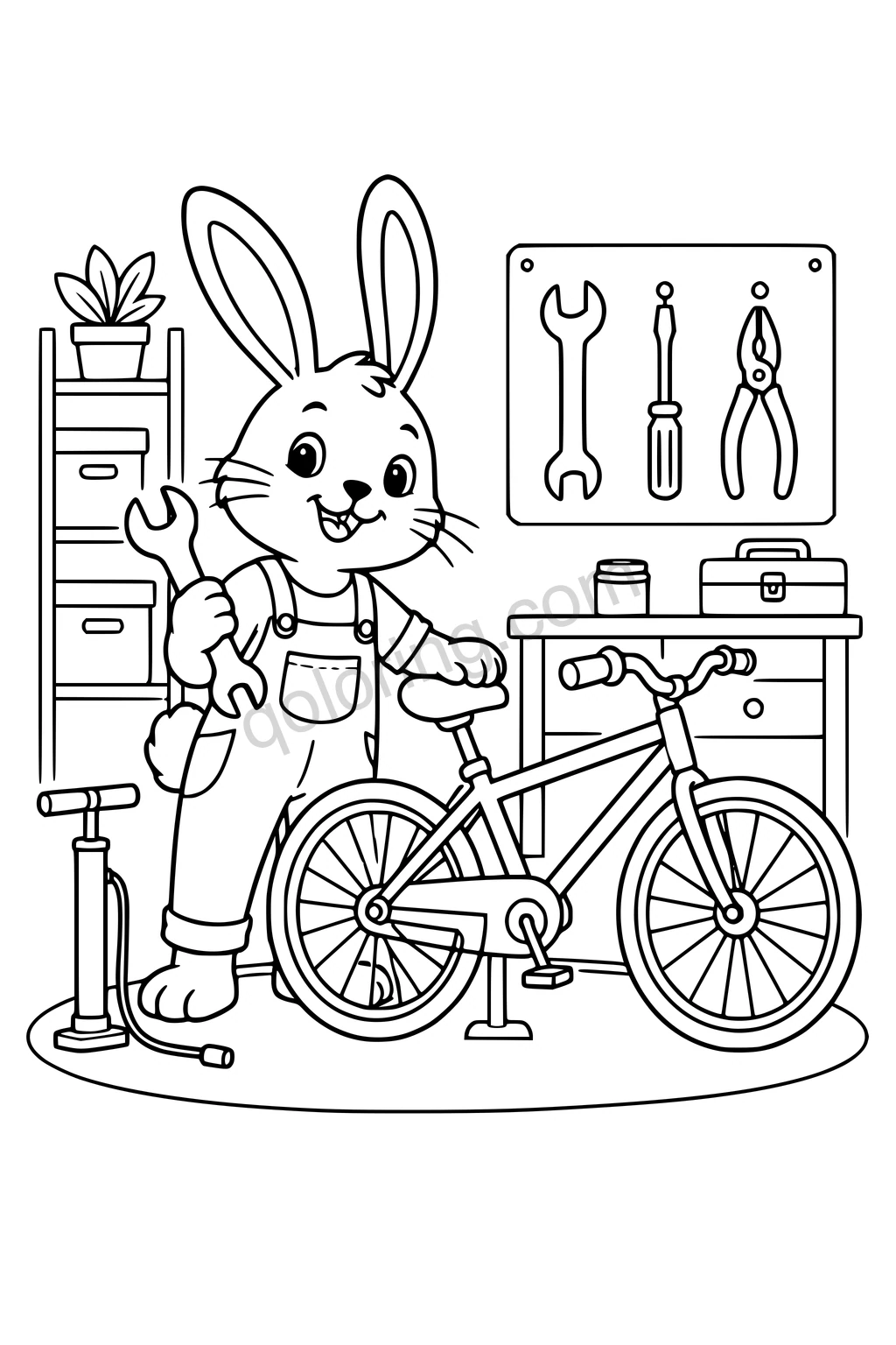 Rabbit holding a wrench beside a bicycle, floor pump, toolbox, and wall-mounted tools.