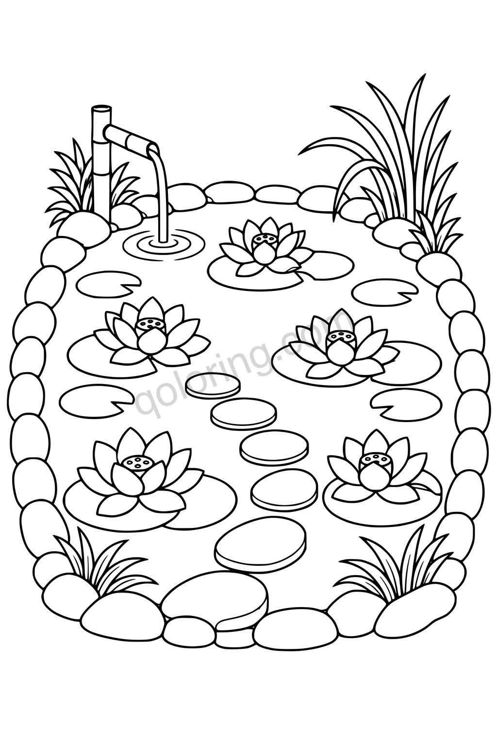 Black outline drawing of a lotus pond with stepping stones, a bamboo water spout, reeds, and a complete stone border.