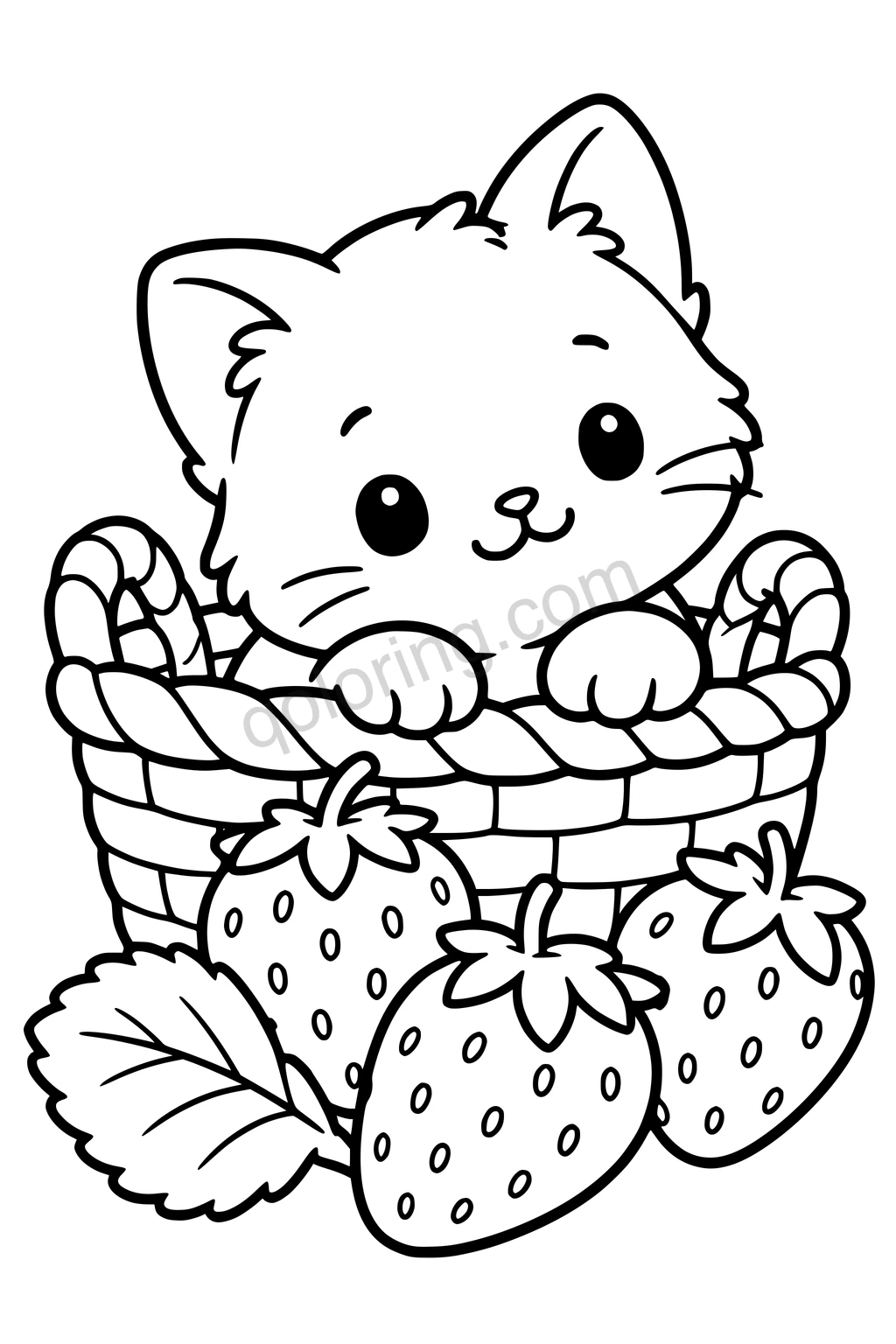 Black outline coloring page: Kitten in a Strawberry Basket.
