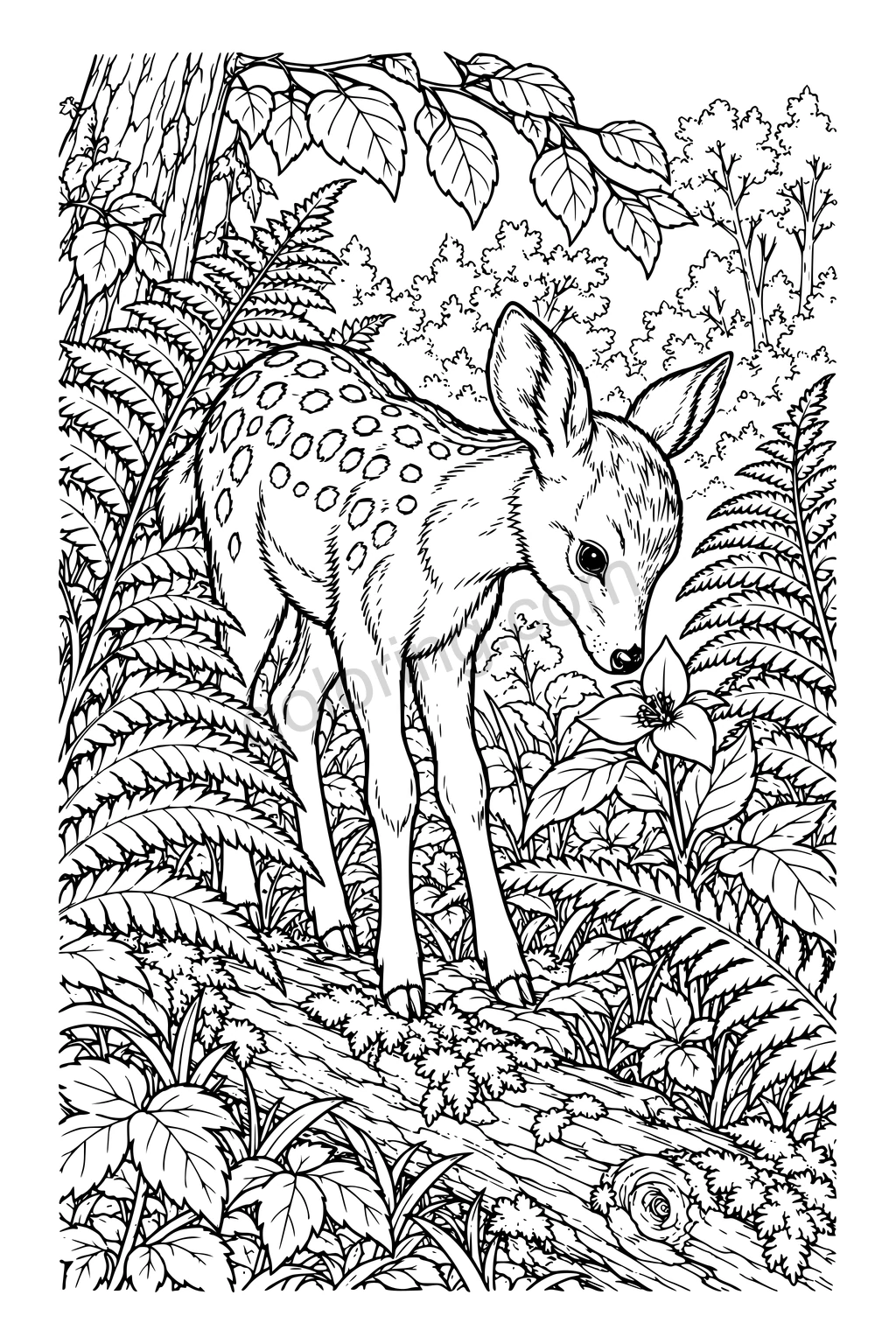 A spotted fawn lowering its nose toward a flower among ferns and woodland branches.
