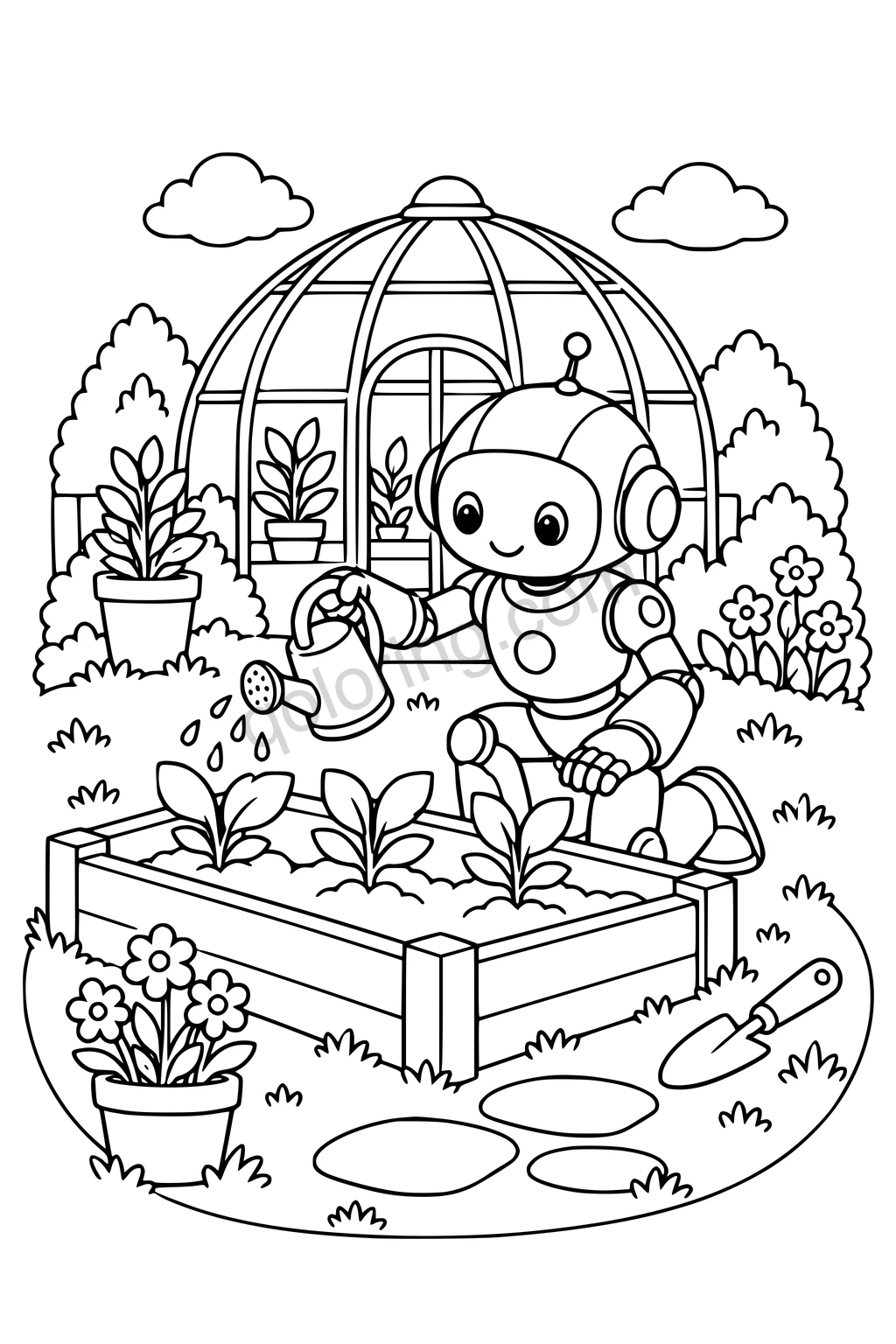 Black outline drawing of a kneeling robot watering seedlings beside a greenhouse, plant pots, and a trowel.