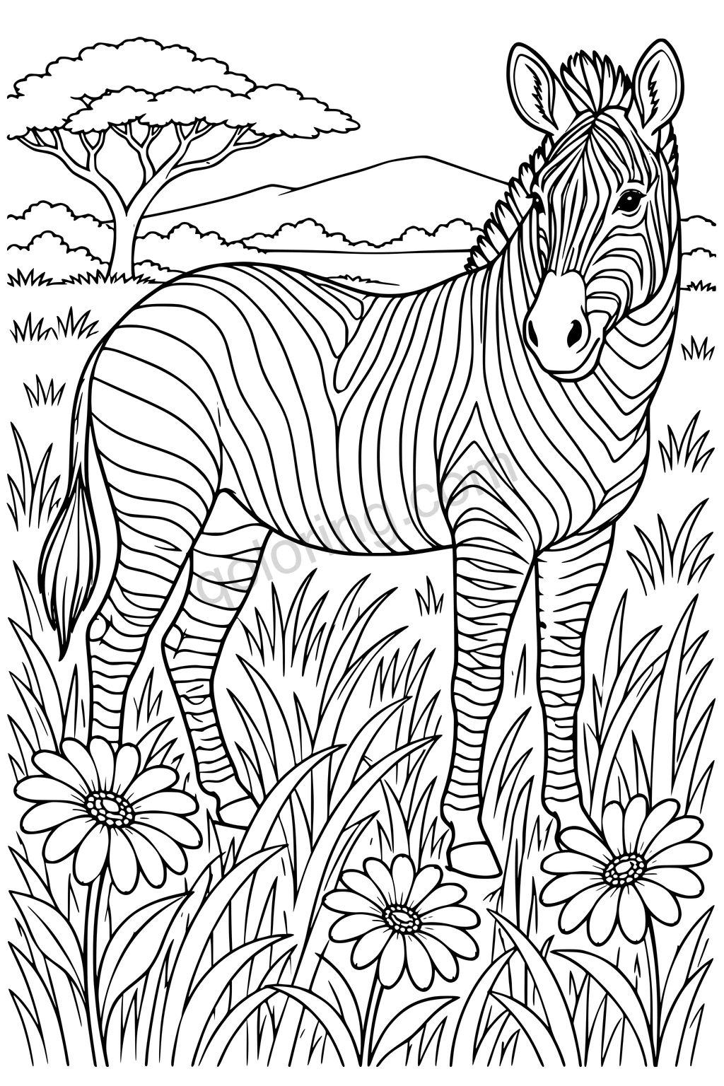 A zebra stands among tall grass and three flowers, with outlined stripes, acacia trees and distant hills.