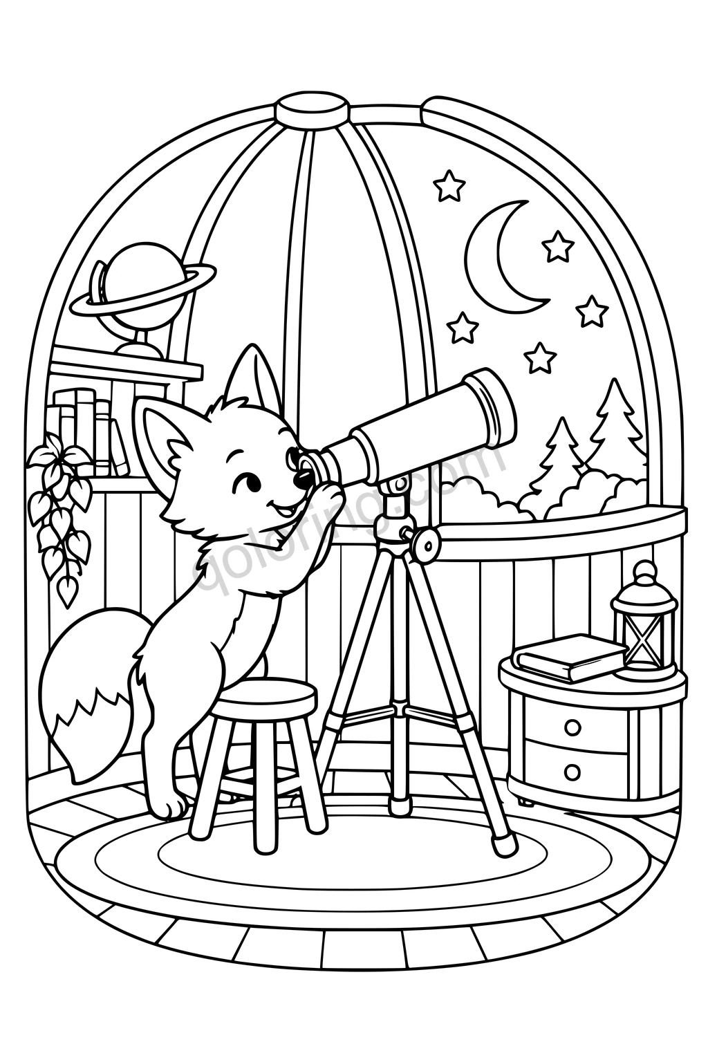 Fox looking through a telescope in a domed observatory with moon, stars, books, and lantern.