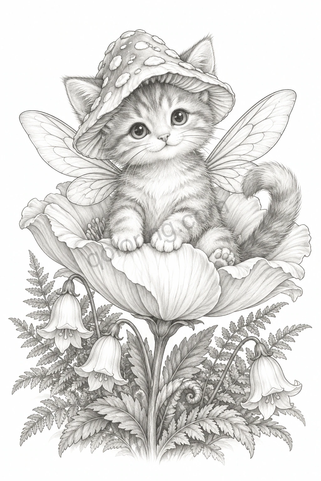 A kitten fairy in a mushroom hat sits in a woodland flower above ferns and bell flowers.