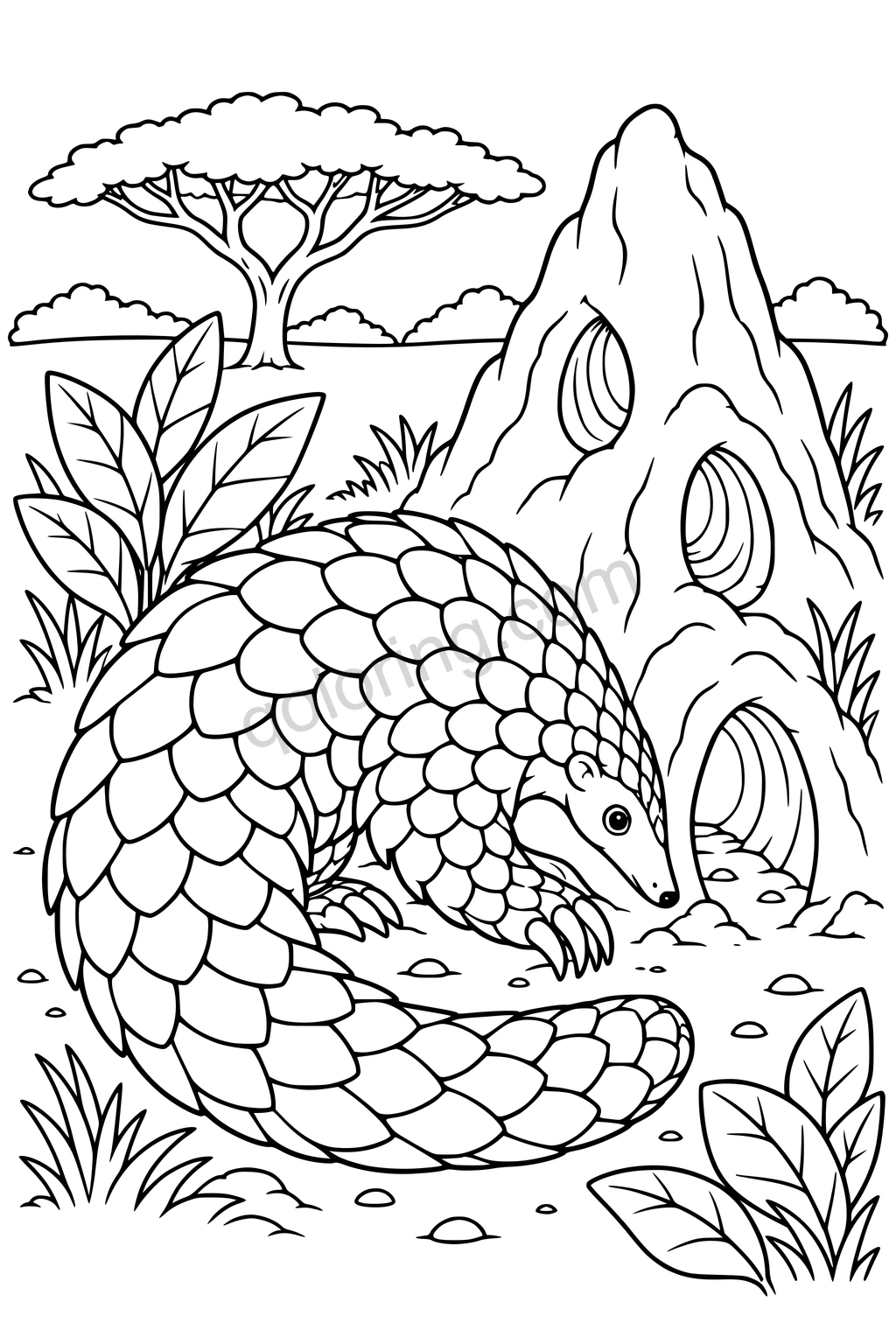 Black outline drawing of a pangolin beside a termite mound.