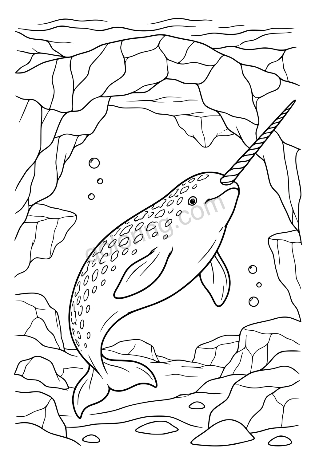 Black outline drawing of a narwhal beneath an ice arch.