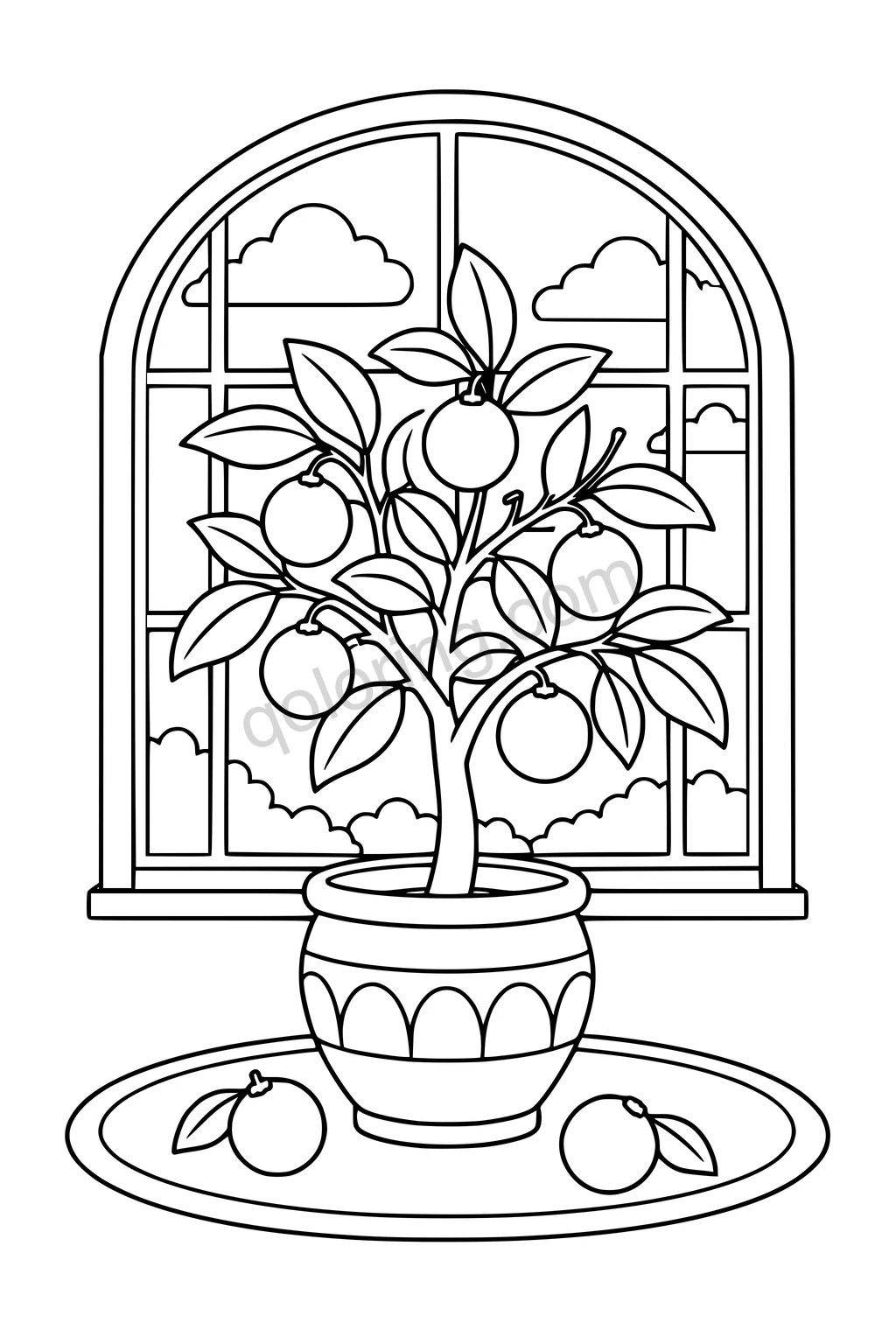 Black outline drawing of a potted citrus tree in front of an arched window, with two fruits on an oval rug.