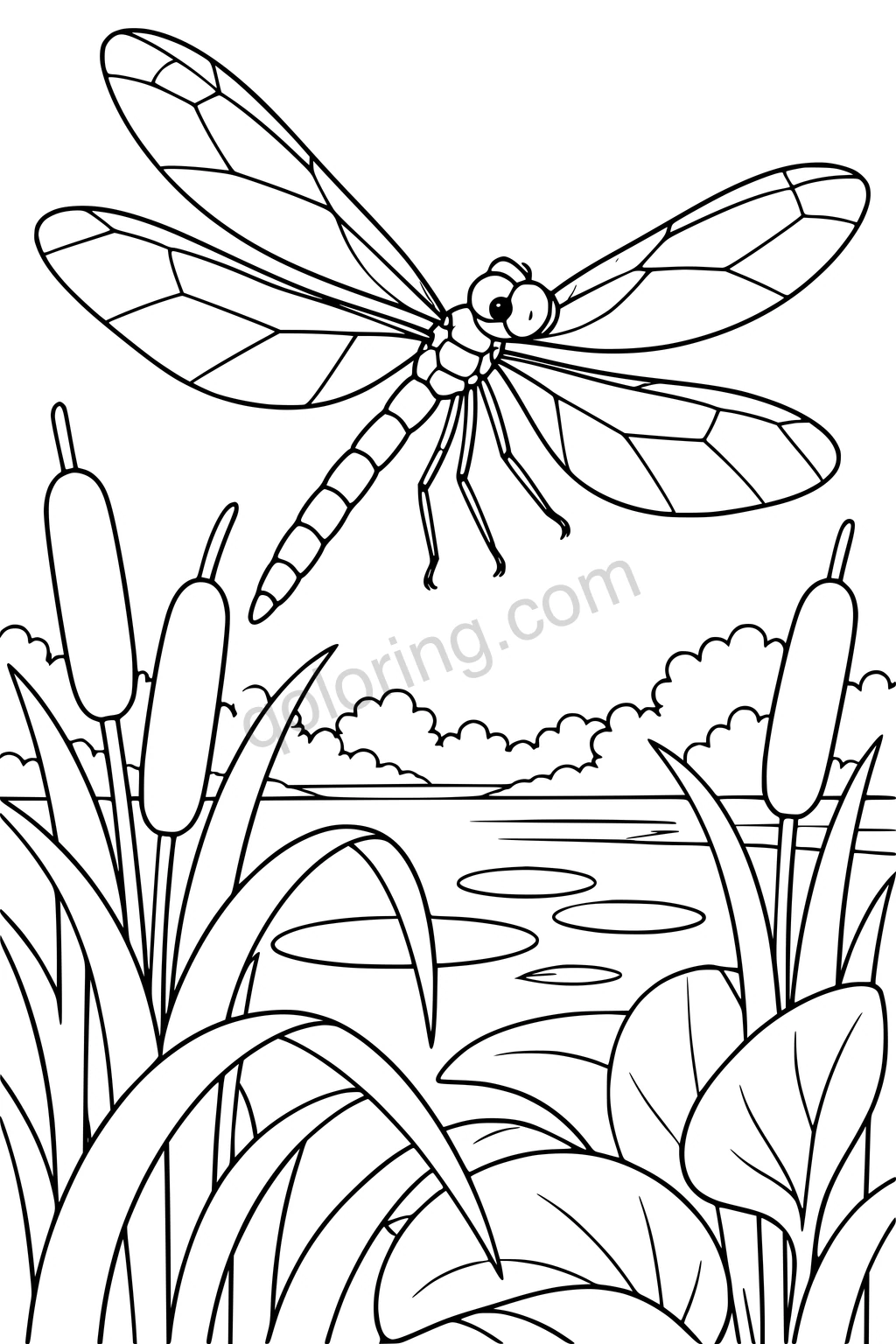 A dragonfly hovers over cattails and broad marsh leaves, with four wings divided into large outlined cells.