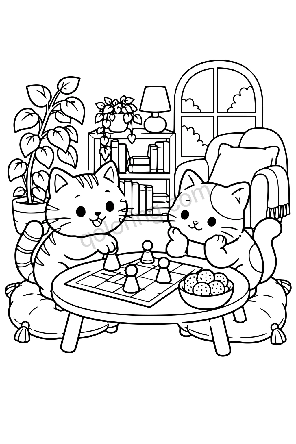 Black outline drawing of two friendly cats sitting at a low table with a simple large-square board game, four oversized game pieces and a bowl of round crackers, with two broad cushions.