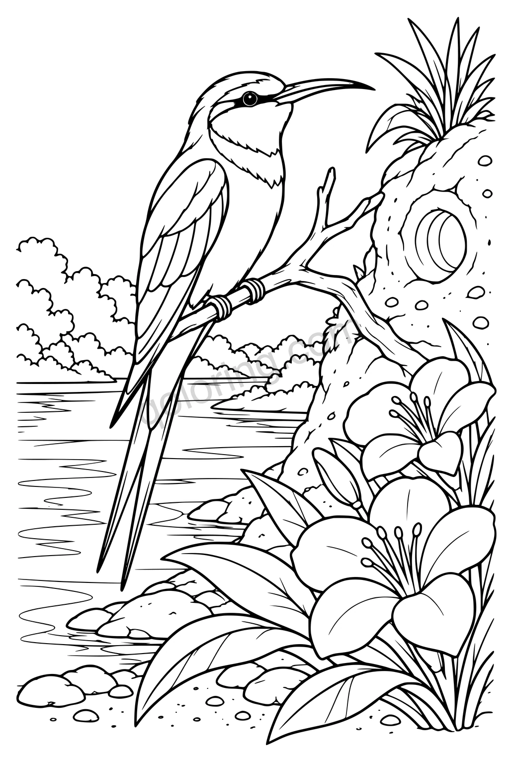 Black outline drawing of a bee-eater at a riverbank nest.
