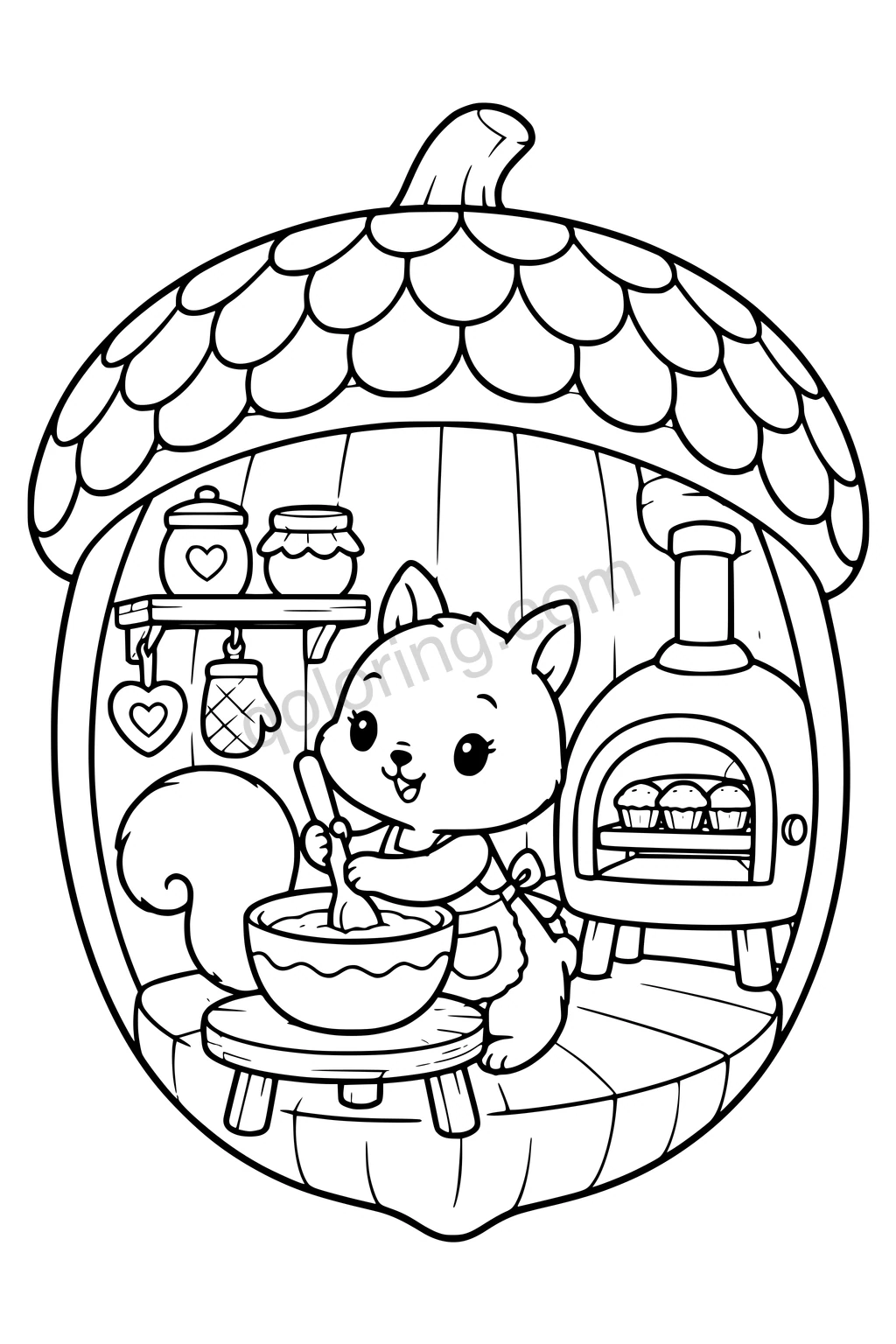 Black outline coloring page: Squirrel's Acorn Kitchen.