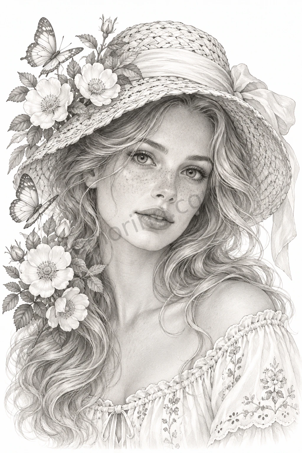 Grayscale portrait of a woman in a ribboned straw hat with wild roses and two butterflies.