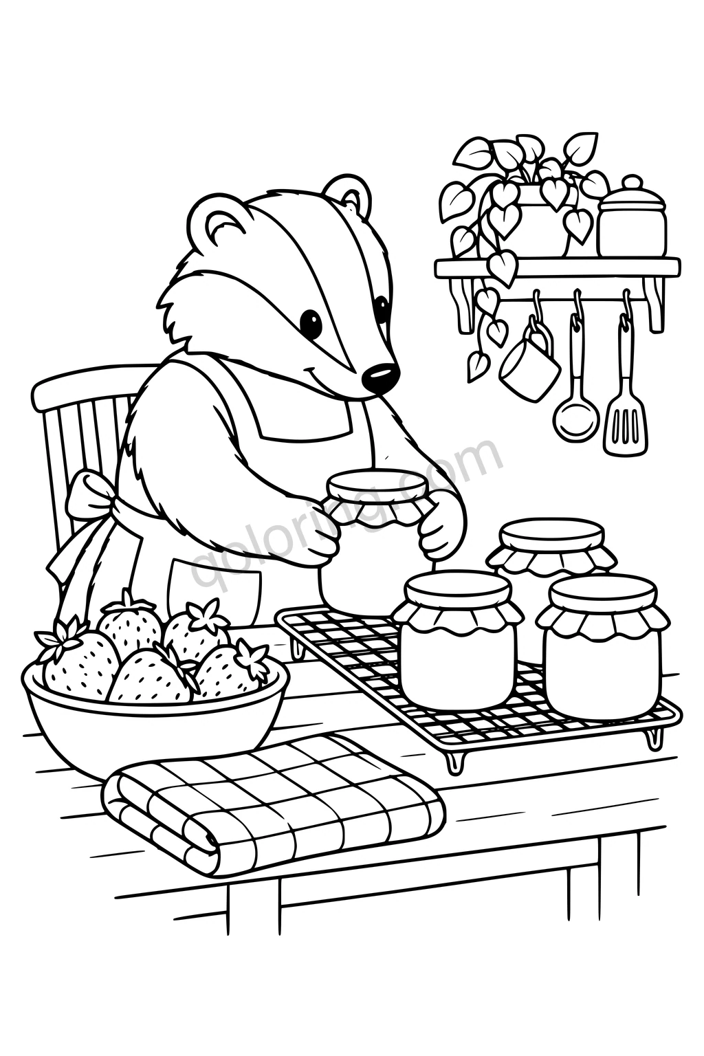 Black outline drawing of a badger setting one sealed jam jar on a kitchen cooling rack with three other broad jars, a bowl of large strawberries and a folded cloth; no labels or text.