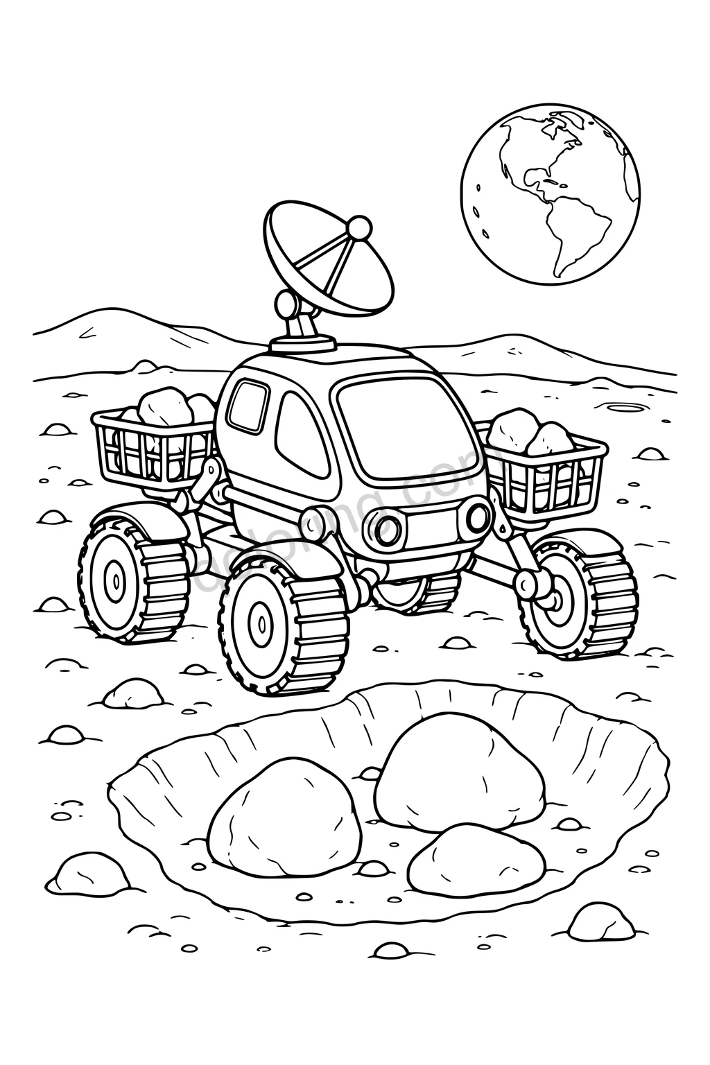 Black outline drawing of a four-wheel moon rover beside a crater holding smooth rocks.