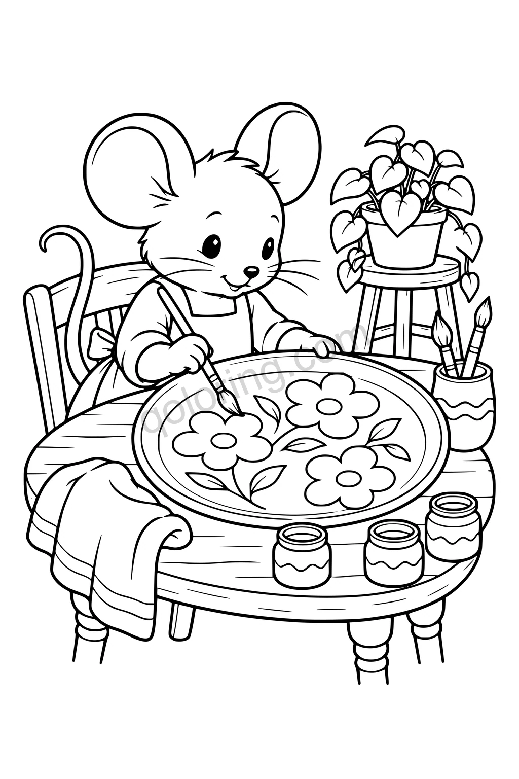 Black outline drawing of a mouse holding a brush to paint three simple broad flowers on a large round plate at a worktable, with three paint pots and a towel; all flowers remain outline only.
