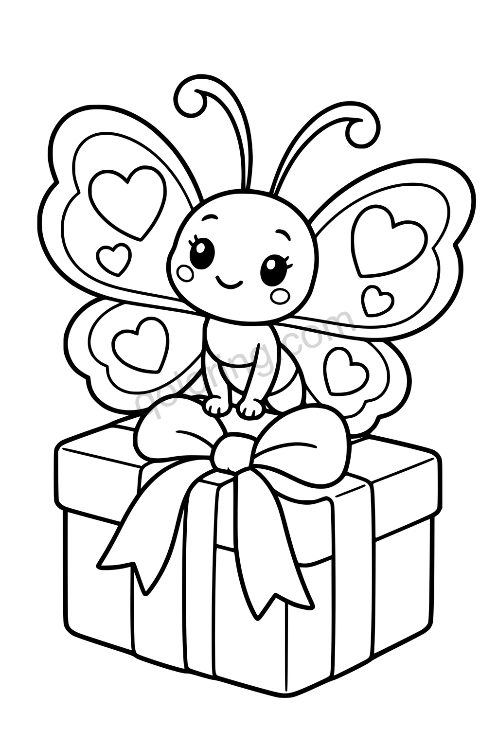 Black outline coloring page: Butterfly and the Ribbon Gift.