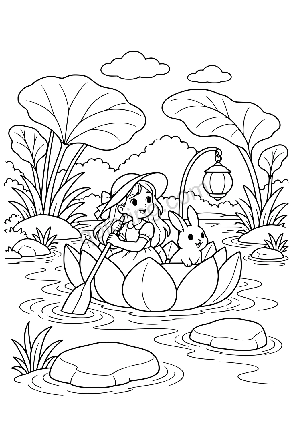Black outline drawing of a girl and rabbit riding a water-lily boat beneath a lantern.