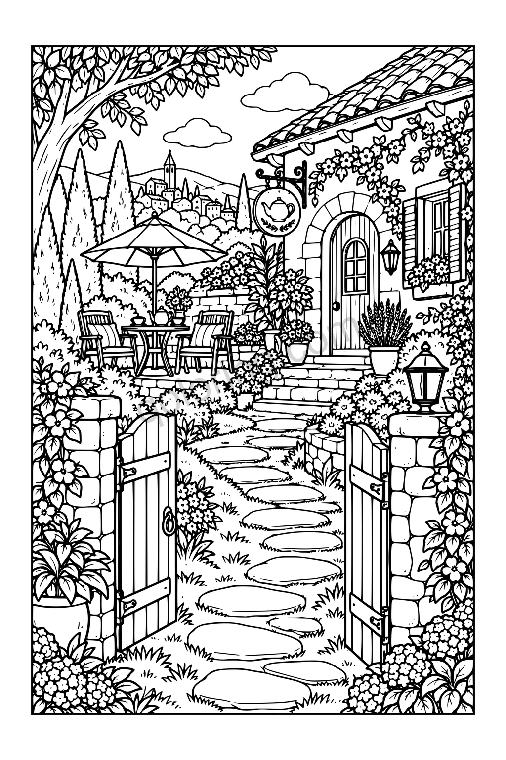 Stepping-stone path through an open garden gate toward a flower-covered tea house, with two patio chairs and a tea table.
