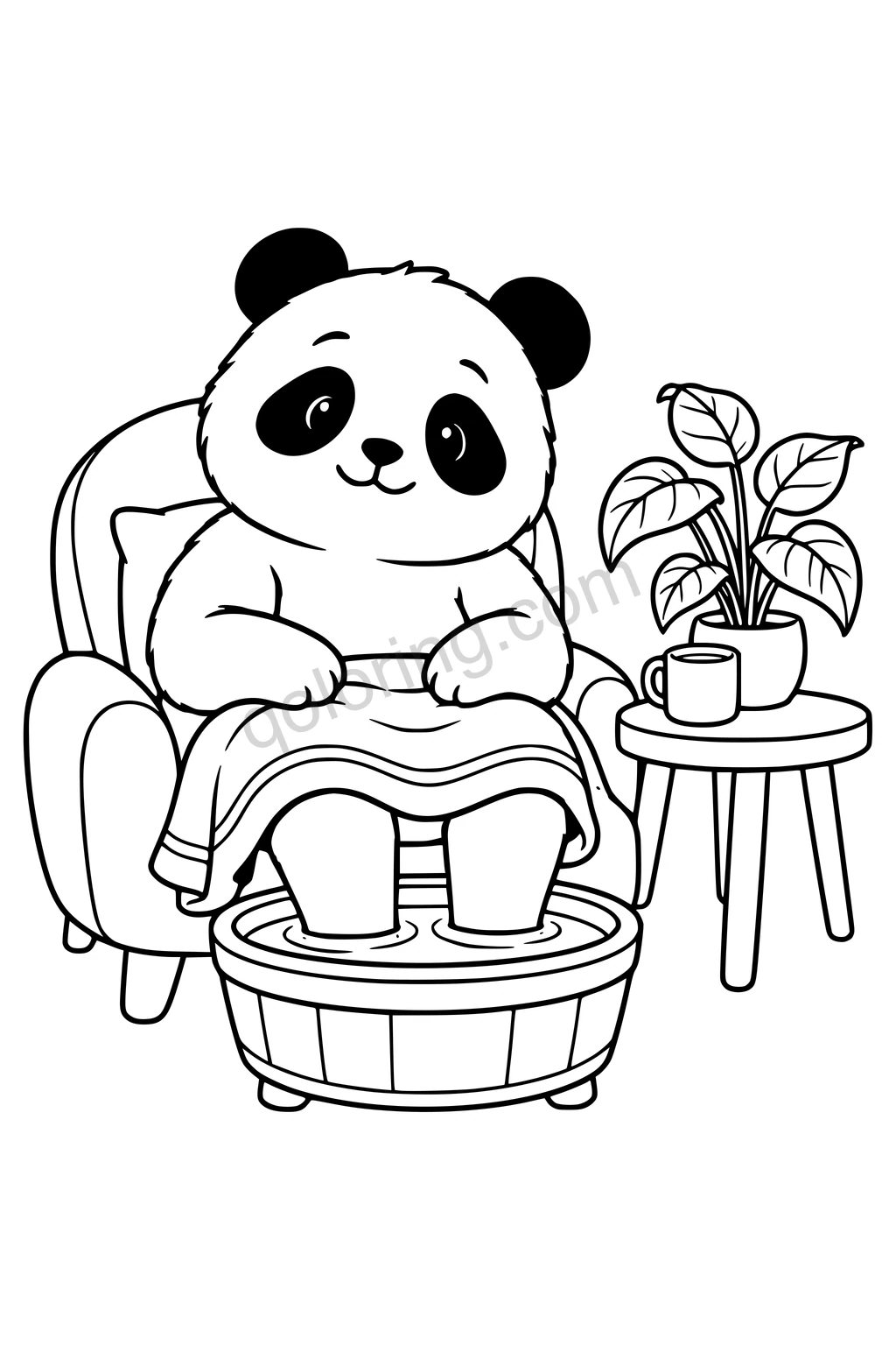 Black outline drawing of a panda seated on a broad low chair with both feet in a rounded footbath basin, a towel over its lap, and a small table holding a cup and one leafy plant.