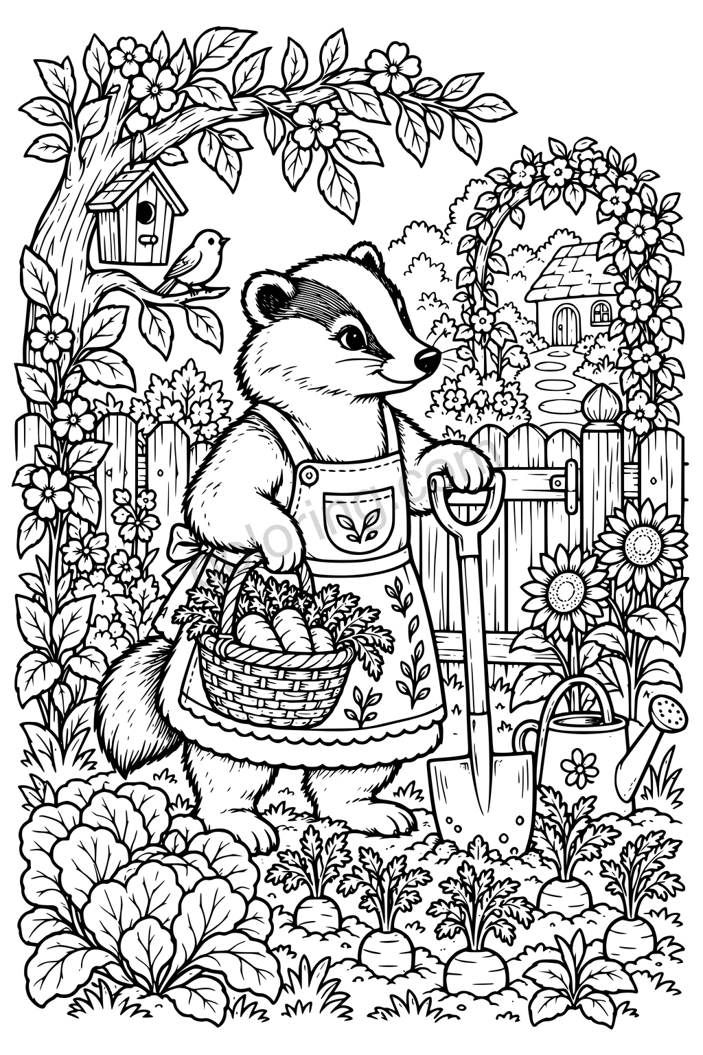 An aproned badger holding a carrot basket and a spade in a flower-filled vegetable garden.
