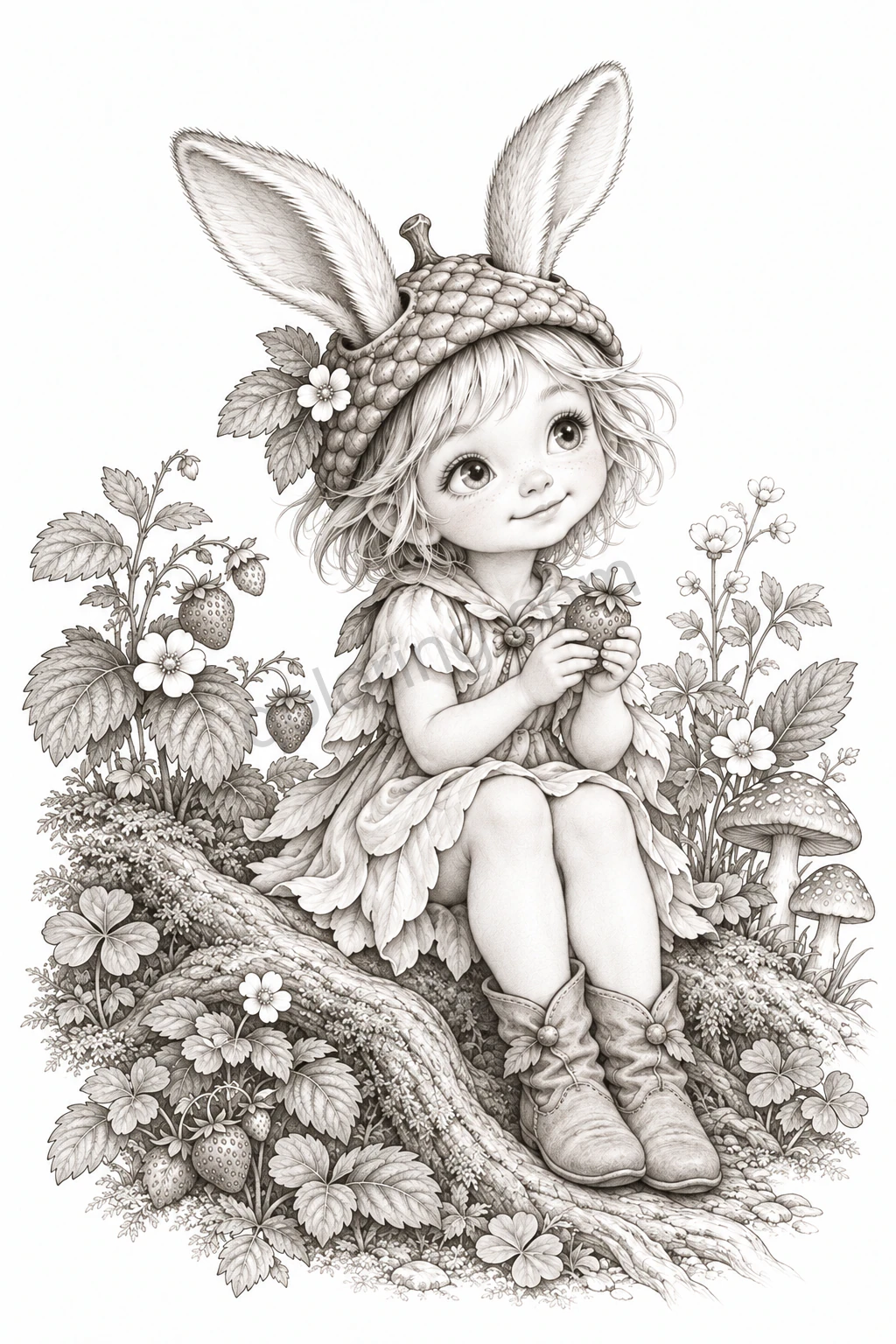 A rabbit-eared woodland sprite in an acorn bonnet holds a berry among strawberries and mushrooms.
