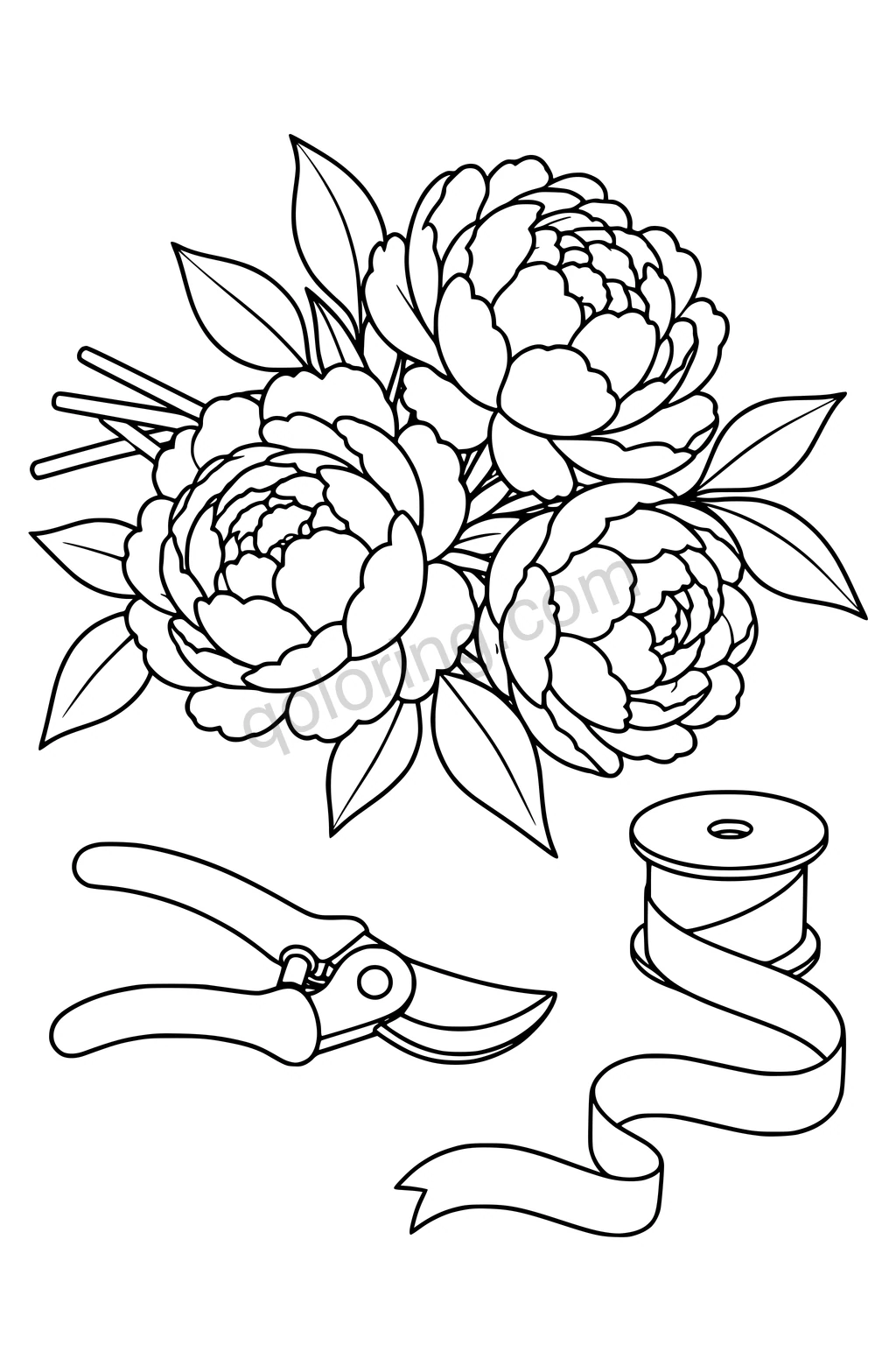 Black outline drawing of three peonies with leaves beside garden shears and a ribbon spool.