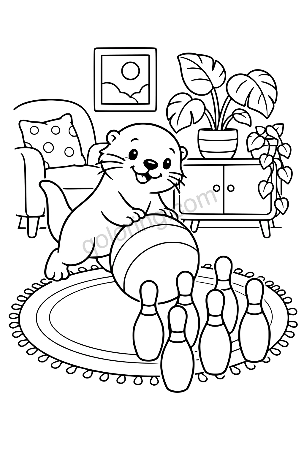 Black outline drawing of a cheerful otter rolling a large ball toward six rounded wooden bowling pins on a rug, with a low cabinet and broad potted leaves in the cozy room.