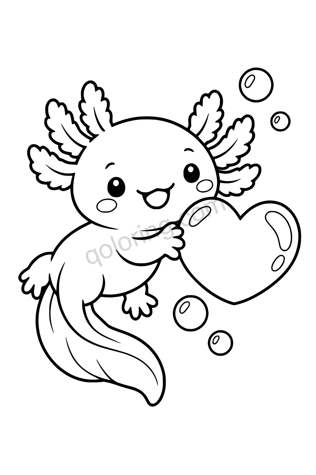 Black outline coloring page: Axolotl and the Heart Bubble.